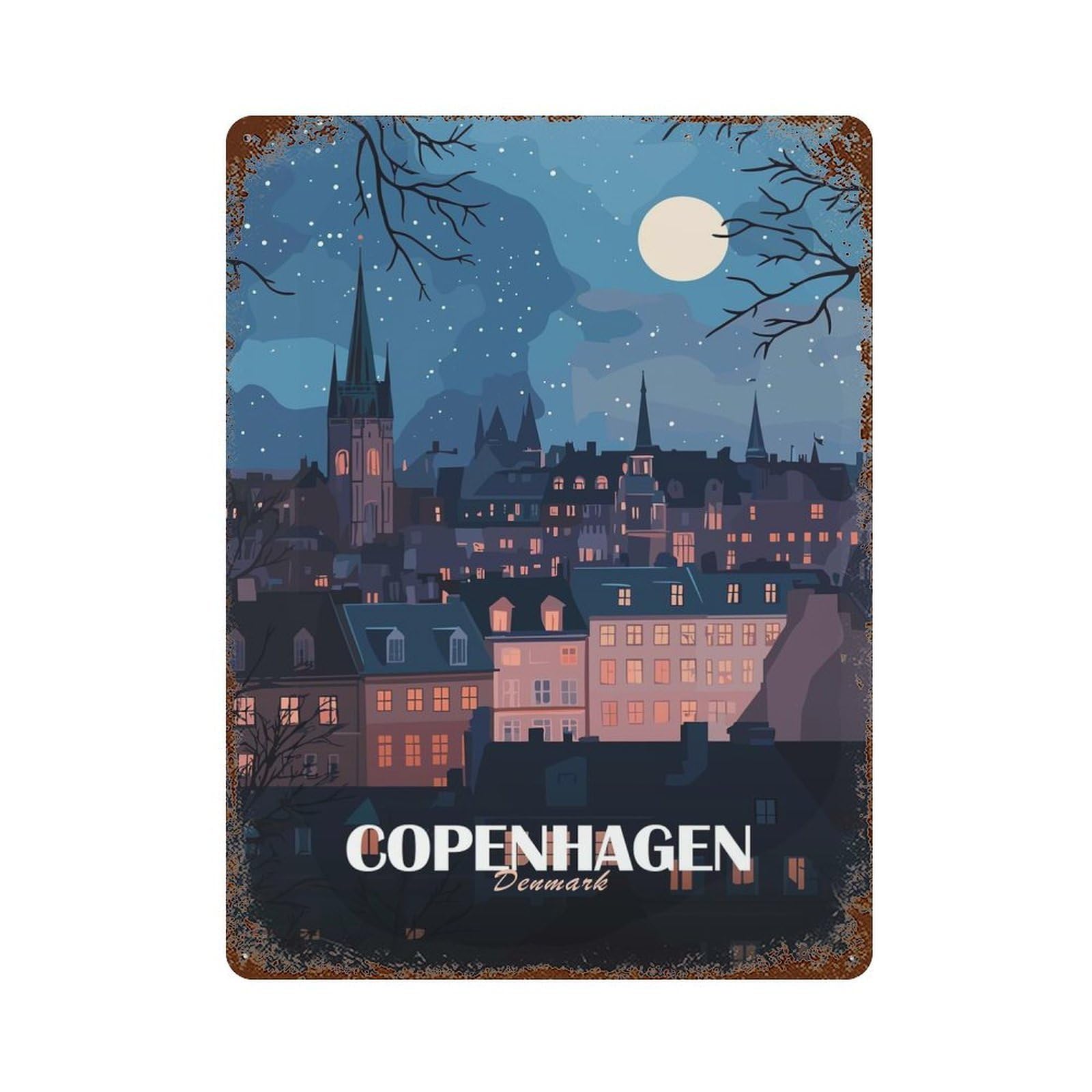 Copenhagen, Denmark at Night Retro Metal Sign 15.7"x11.8", Shabby Chic Decor for Bistro, Counter And Cafe Decor