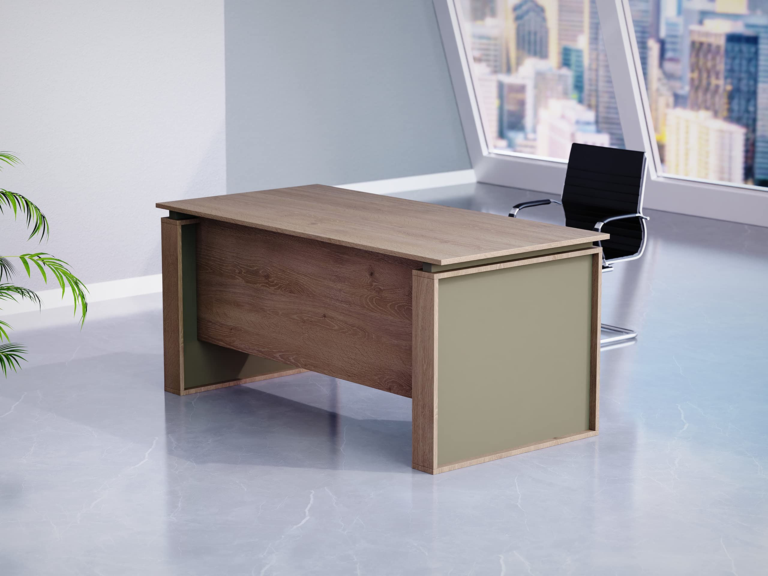Mahmayi Modern Executive Workstation Table, Home Computer and Laptop Desk Featured with Wooden Finish (Truffle Davos Oak/Grey, 140cm)