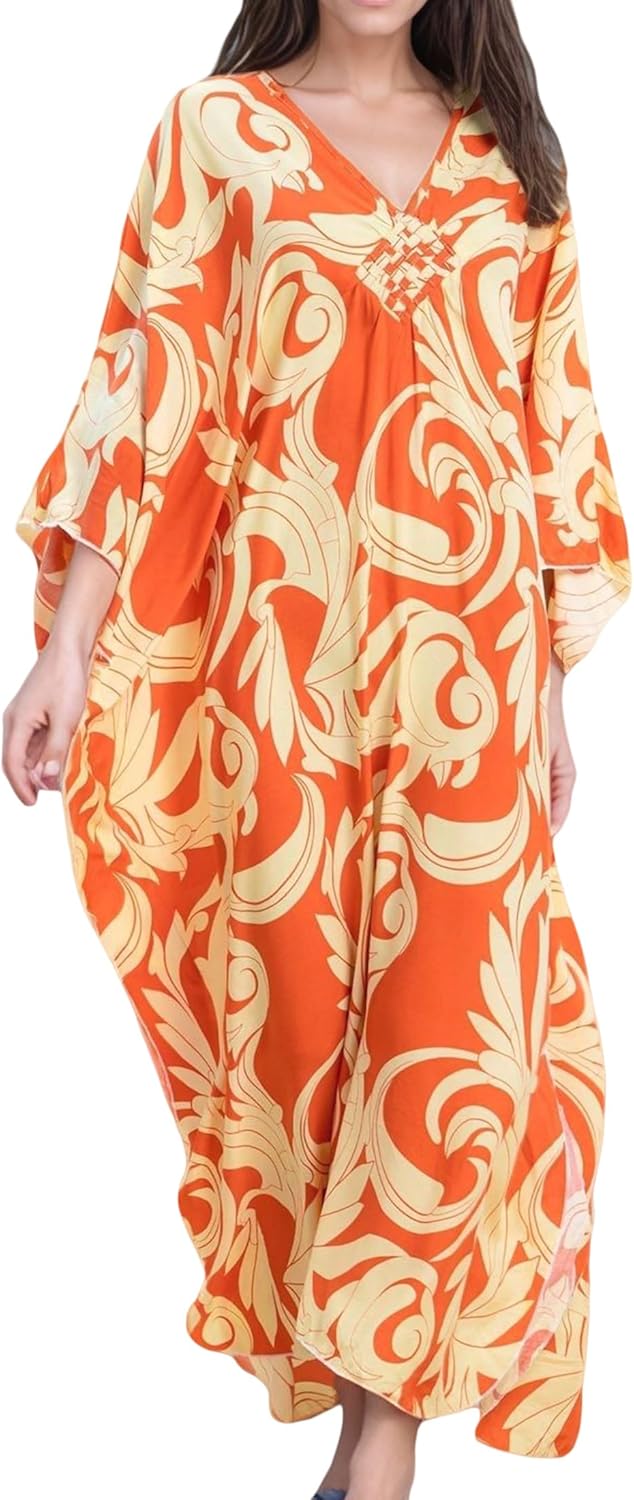 Womens V Neck Batwing Sleeve Beach Cover Ups plus Size Kaftan Dresses