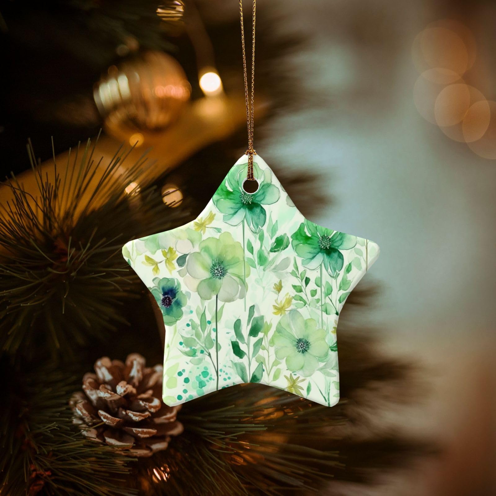 Christmas Tree Ornaments Ceramics Christmas Decorations Watercolor Green Flowers Ornaments with Gold Ribbon Porcelain Xmas Tree Crafts Star Shape Hanging Pendant for Christmas Tree Party Decor