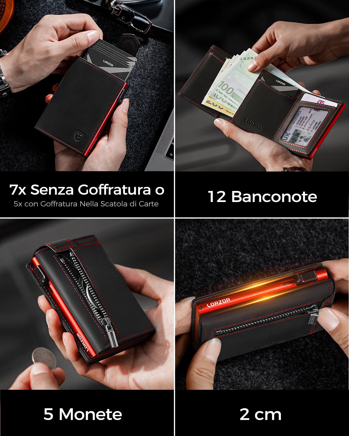 LORZOR® Portafoglio Uomo Slim vera Pelle, Porta Carte di Credito con Protezione RFID & Portamonete, Portacarte Uomo Pop-up Contenere 10 Carte, Porta Tessere Tascabile, Magnetica
