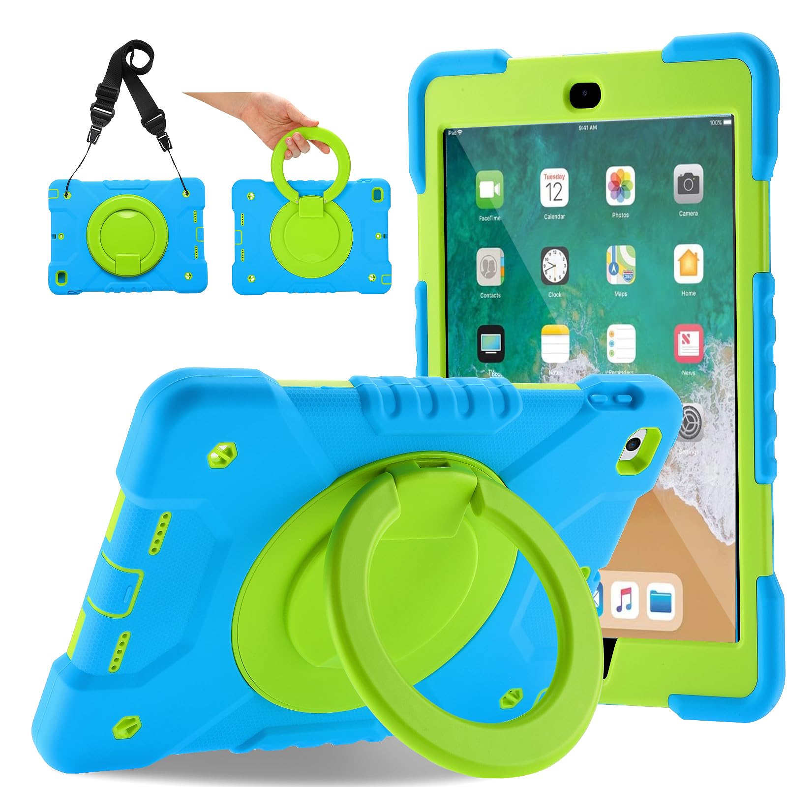 iPad 9.7 inch Case iPad 6th/5th Generation Cases,Case for iPad 9.7 Pro & iPad Air 2 Full-Body Silicone+PC Protection Rotating Stand Shockproof Case for Kids Tablet Cover Blue+Green