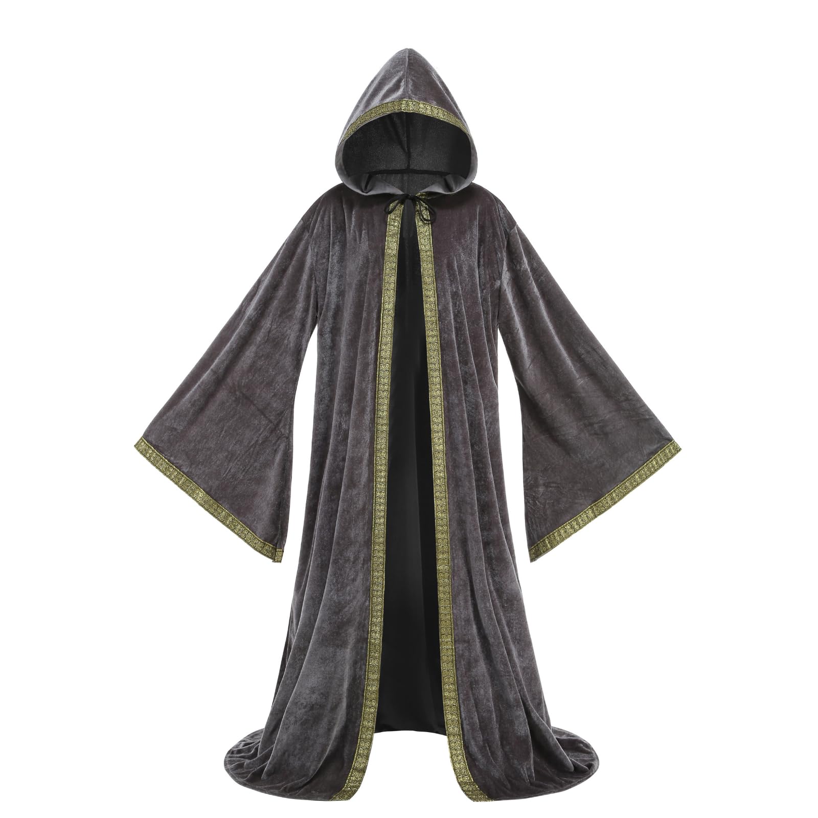 DELIVESS Unisex Velvet Wizard Robe Wizard Cloak Cosplay Renaissance Costume Halloween (55.12", Gray)