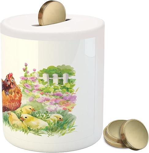 Miniatura 2 de Lunarable Hucha de pollo, gallina Aquerelle y sus polluelos en un jardín con vallas blancas y flores rosa pálido, caja de dinero de cerámica para