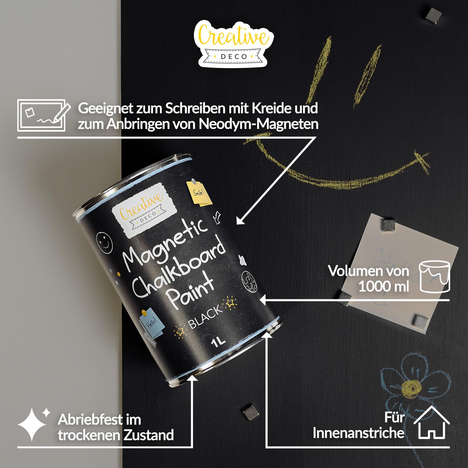 Creative Deco Magnetisch Schwarz Wandfarbe Kreidefarbe Tafelfarbe | 1000ml | 2 m² Effizienz mit 3 Schichten | Für Wand, Holz, Metall, Glas | Wasserbasis | Kreideschreiben und Zeichnen