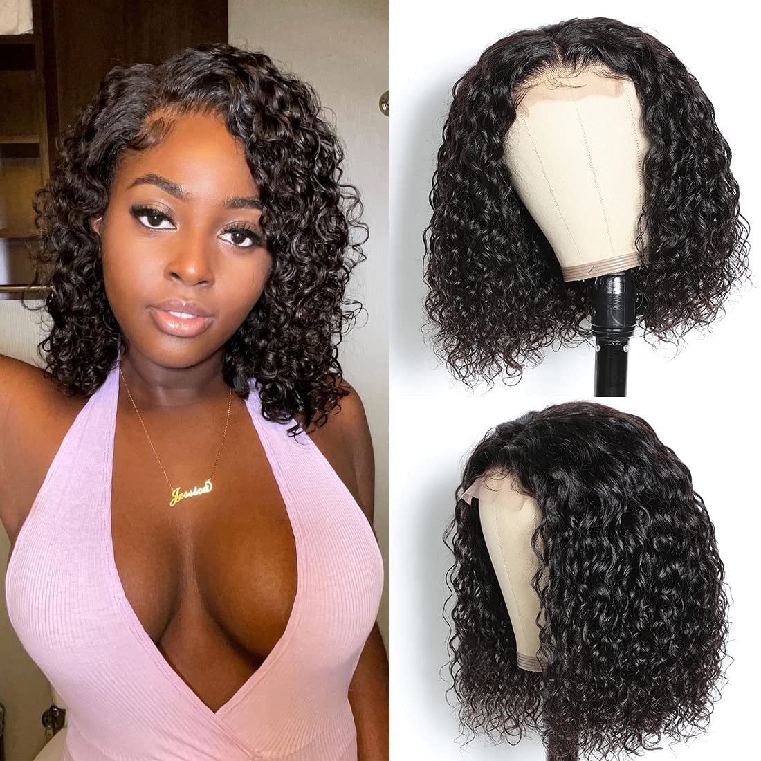 Bob Wigs Human Hair Wet and Wave Lace Front Short Curly Wigs for Black Women Water Wave 4×4 Closure Wigs with Baby Hair 150% Density Natural Color 10Inch Bob Wigs Human Hair Wet and Wave Lace Front Short Curly Wigs for Black Women Water Wave 4×4 Closure Wigs with Baby Hair 150% Density Natural Color 10Inch
