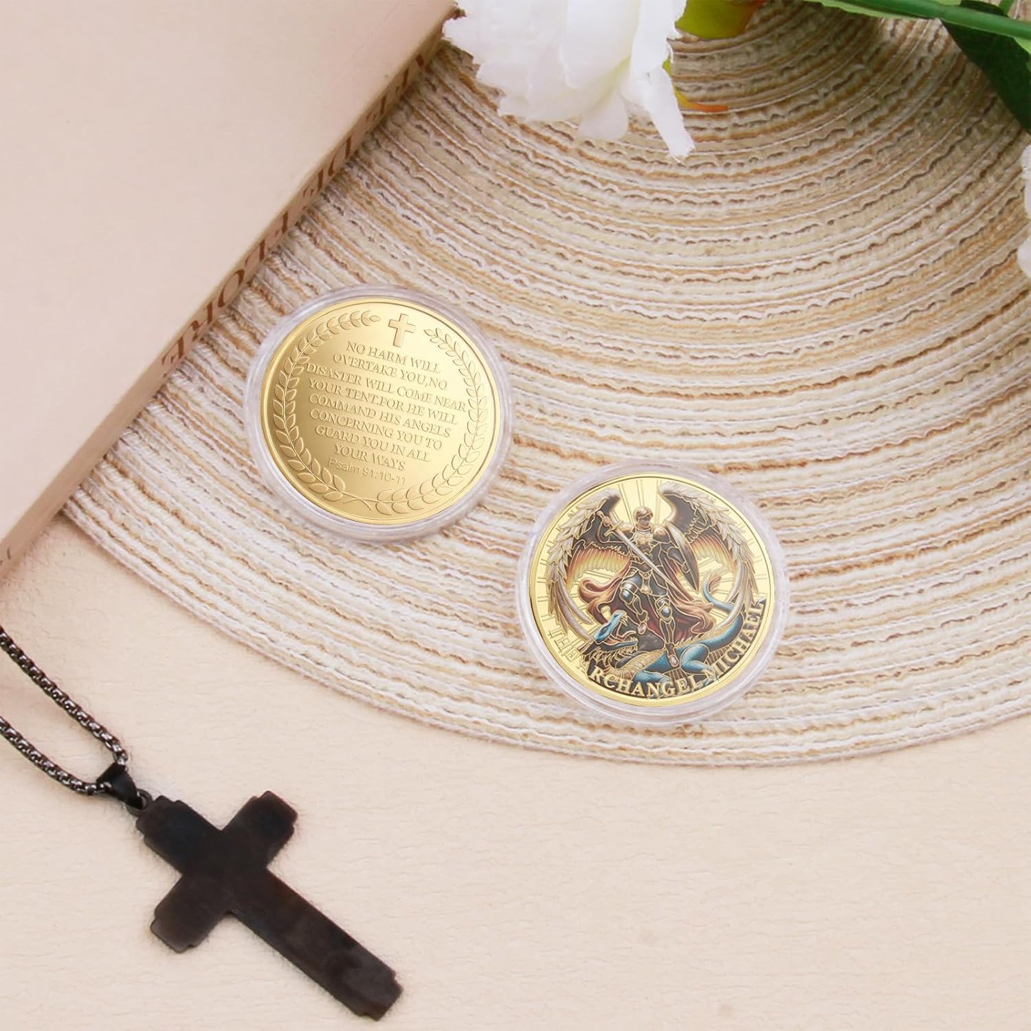 The Archangel Michael Watches Over Us Challenge Coin,1/6/12/24 Pcs Challenge Coin with Psalm 91:10-11, Religious Collectible Coin for Military, Police, Christian Gifts, Includes Protective Case