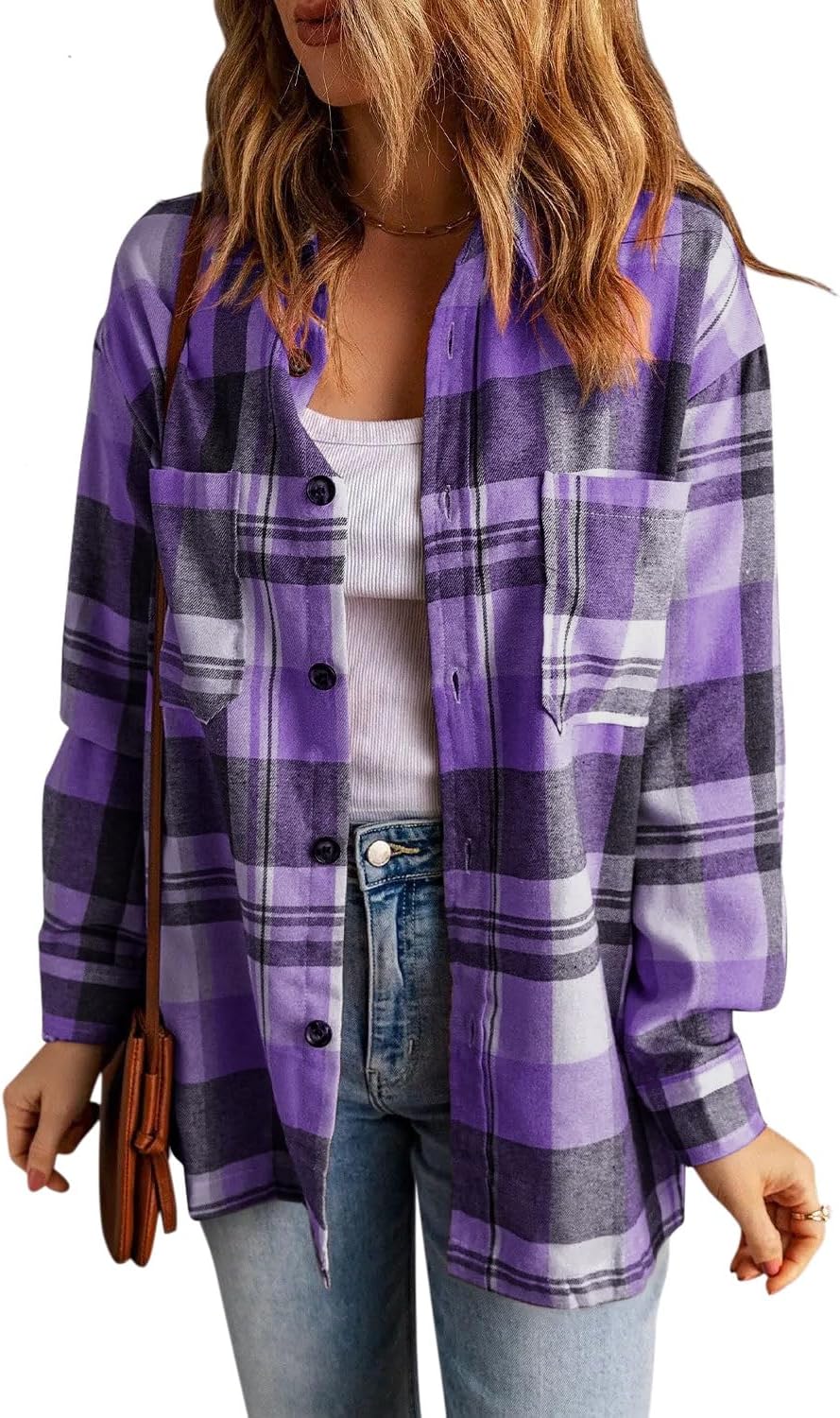 Womens Casual Flannel Plaid Shirts Oversized Lightweight Fall Shirt Coat Long Sleeve Button Down Shirts Blouse Tops - Image 2