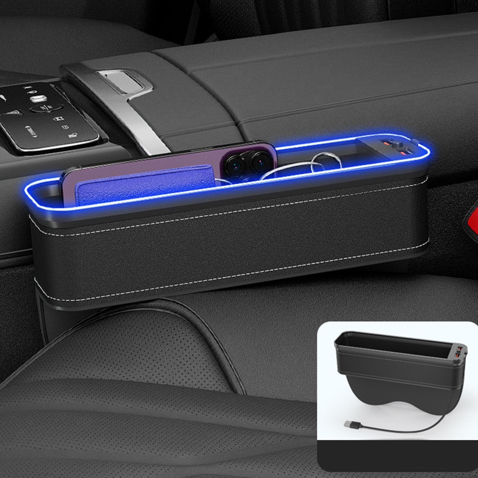 G-ap - Organizer con porta USB e luce a LED, per sedili auto, telefoni, chiavi, occhiali e carte