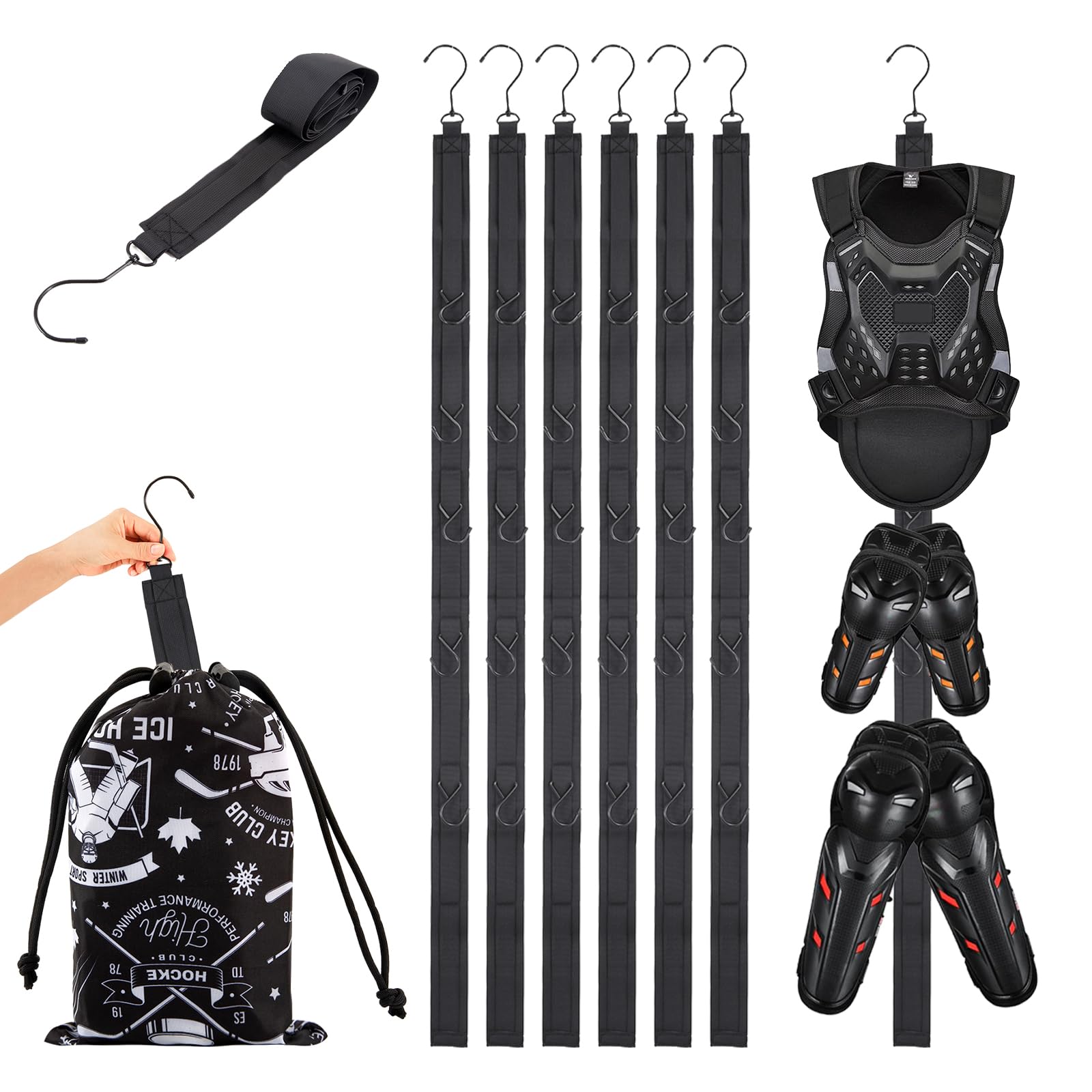 6 PACK Hockey Drying Rack with Storage Bag,Hockey Equipment Gear Drying Rack, Sports Gear Organizer Hanging Straps,Ice Goalie Hockey Gifts For Boys Football Baseball Catcher.Outdoor Camping Must Have