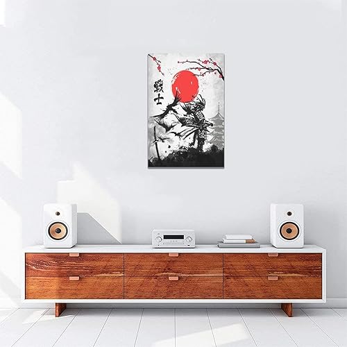 Miniatura 3 de banonaty Arte de pared japonés Samurai con diseño de cerezo en flor, impresiones en lienzo de guerrero, póster enmarcado, pinturas artísticas,