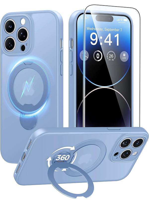 FNTCASE for iPhone 14 Pro-Max Case: [360 Spin Magnetic Stand] [Compatible with Magsafe] [Screen Protector] Translucent Matte Military Grade Shockproof Full Camera Protective Phone Cover - Light Blue by FNTCASE - Used condition - US$10.40