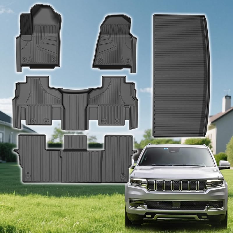 Jogo de Tapetes e Forro para Porta-Malas em TPE Preto Compatível com Jeep Wagoneer 8 Lugares 2022 a 2025, Kit com 5 Peças
