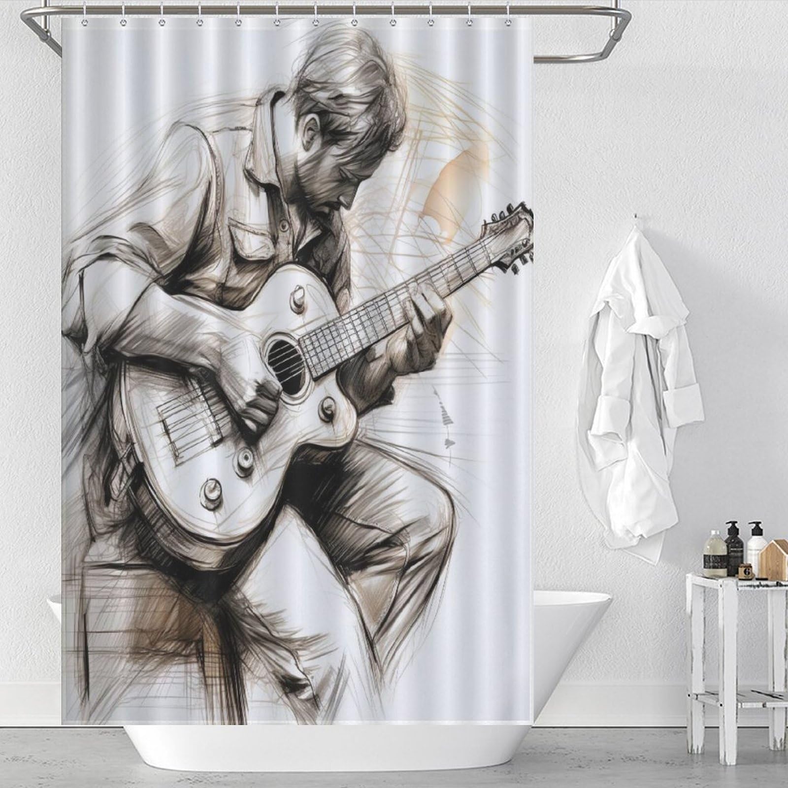 Rideau de douche guitares polyester rideau baignoire lavable 122x183cm avec 12 crochets
