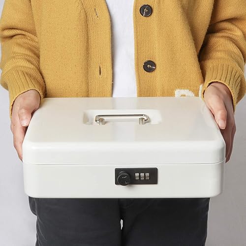 Vista 8 de Jssmst - Caja de efectivo de metal grande con bandeja de dinero,Caja de bloqueo Blanco con cerradura de combinación