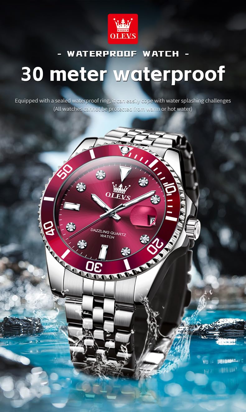 OLEVS Men's Quartz Watch WD-S-G9809G-R partially submerged in water, illustrating water resistance