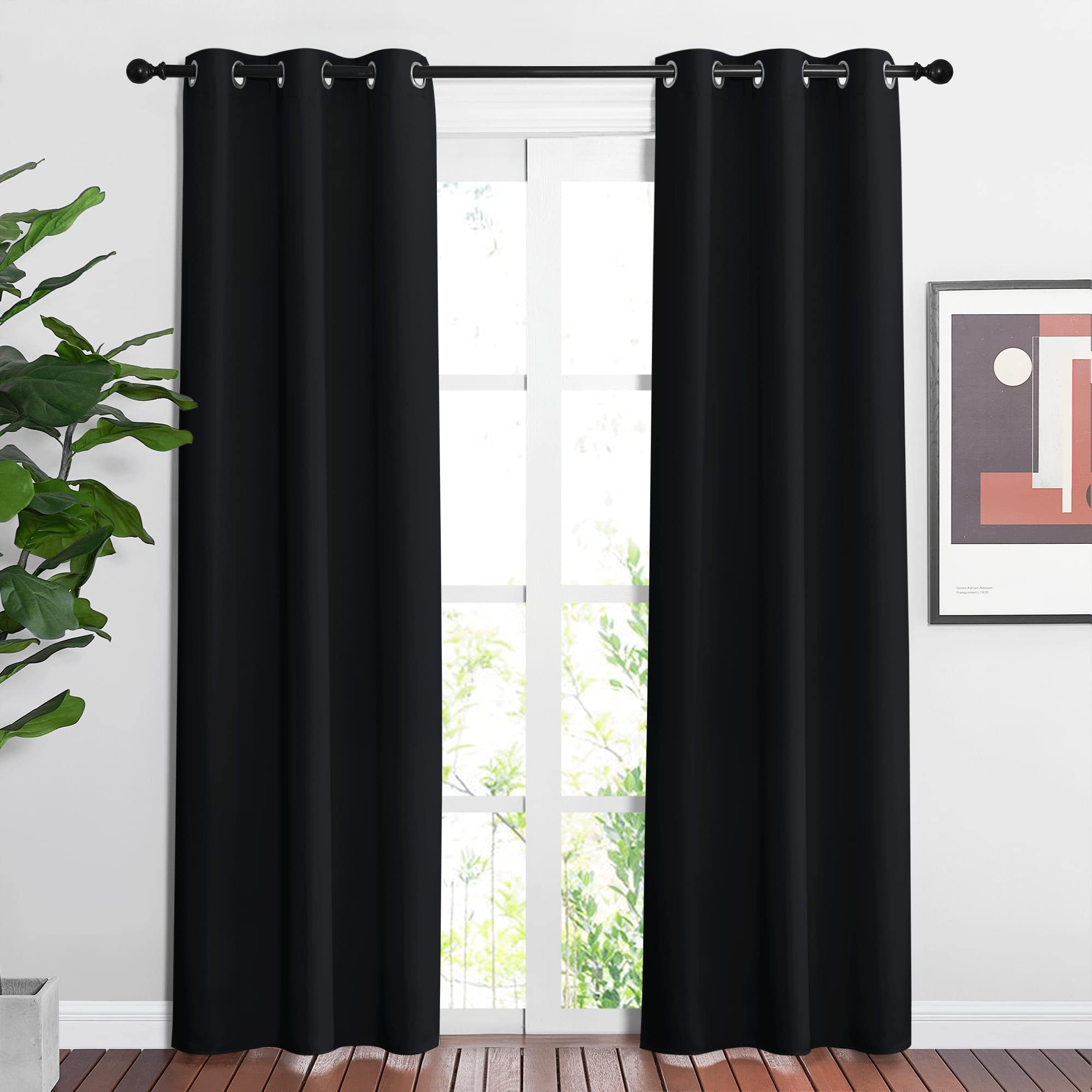 NICETOWN Living Room Curtains 84 inch Length 2 Panels Set - Blackout Thermal Insulated Window Treatment Solid Grommet Room Darkening for Bedroom/Home Office (Black, W37 x L84)