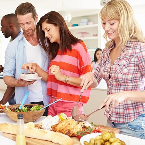 Miniatura 5 de Utensilios de servir de oro rosa, 17 piezas de utensilios de servir de acero inoxidable con cuchara de servir, cucharas ranuradas, tenedores,