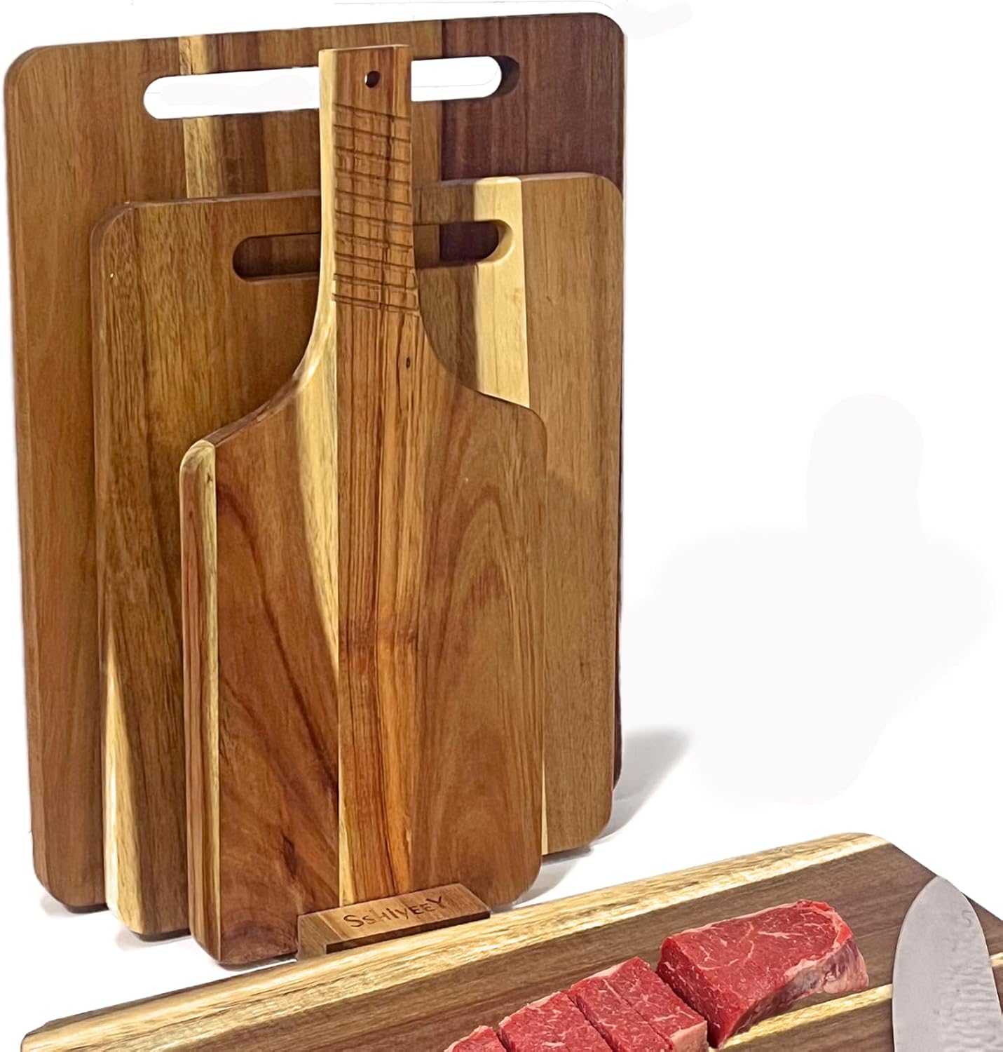 Wooden Cutting Boards for Kitchen, 3-Piece Acacia Wood Cutting Board Set with Handle, Serving Board and Chopping Boards for Meat, Cheese, Bread, Fruits & Vegetables, Durable Kitchen Board Set