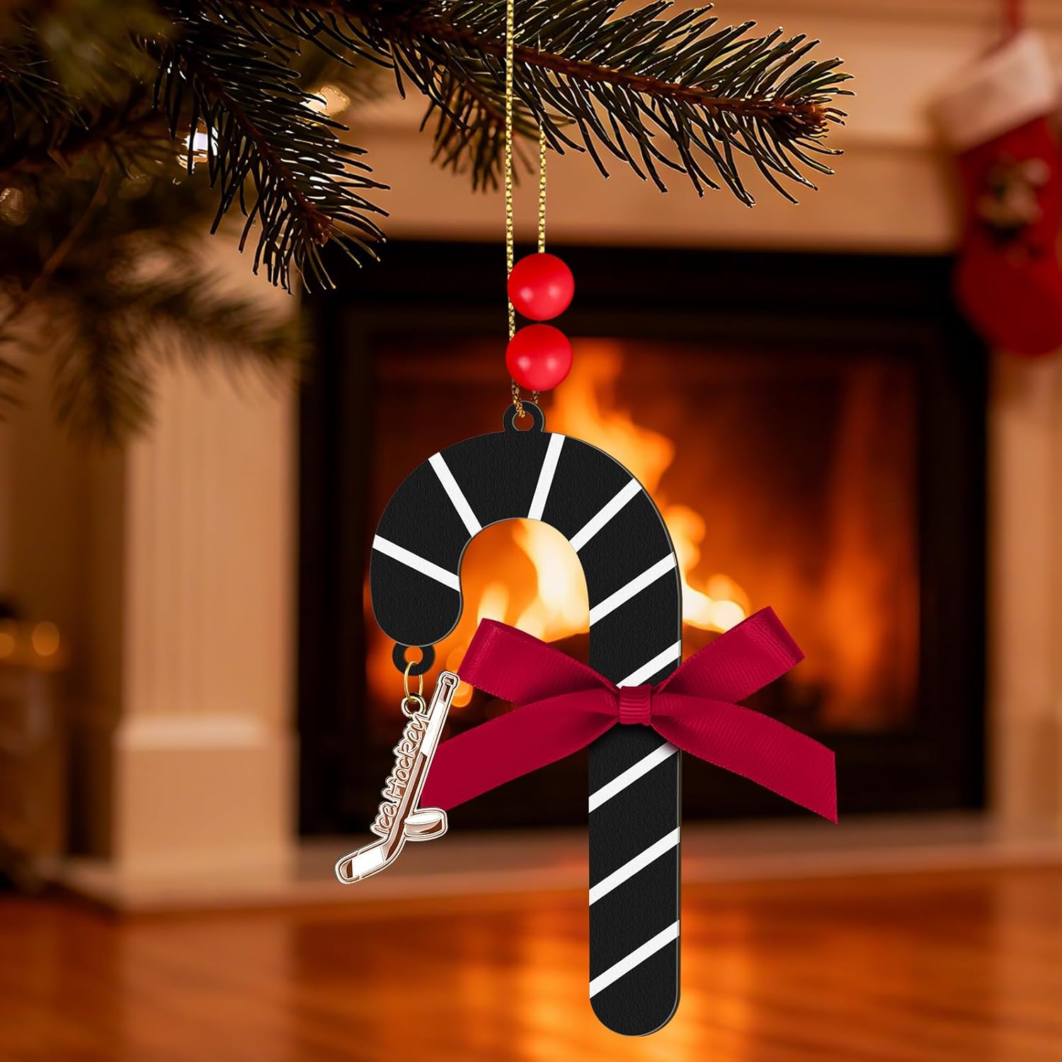 4in Easter Candy Cane Hockey Ornaments Wooden Hanging Candy Cane Ornament Sport Hockey Xmas Tree Decorations for Home Crafts Hockey Lovers Family Holiday Party Supplies