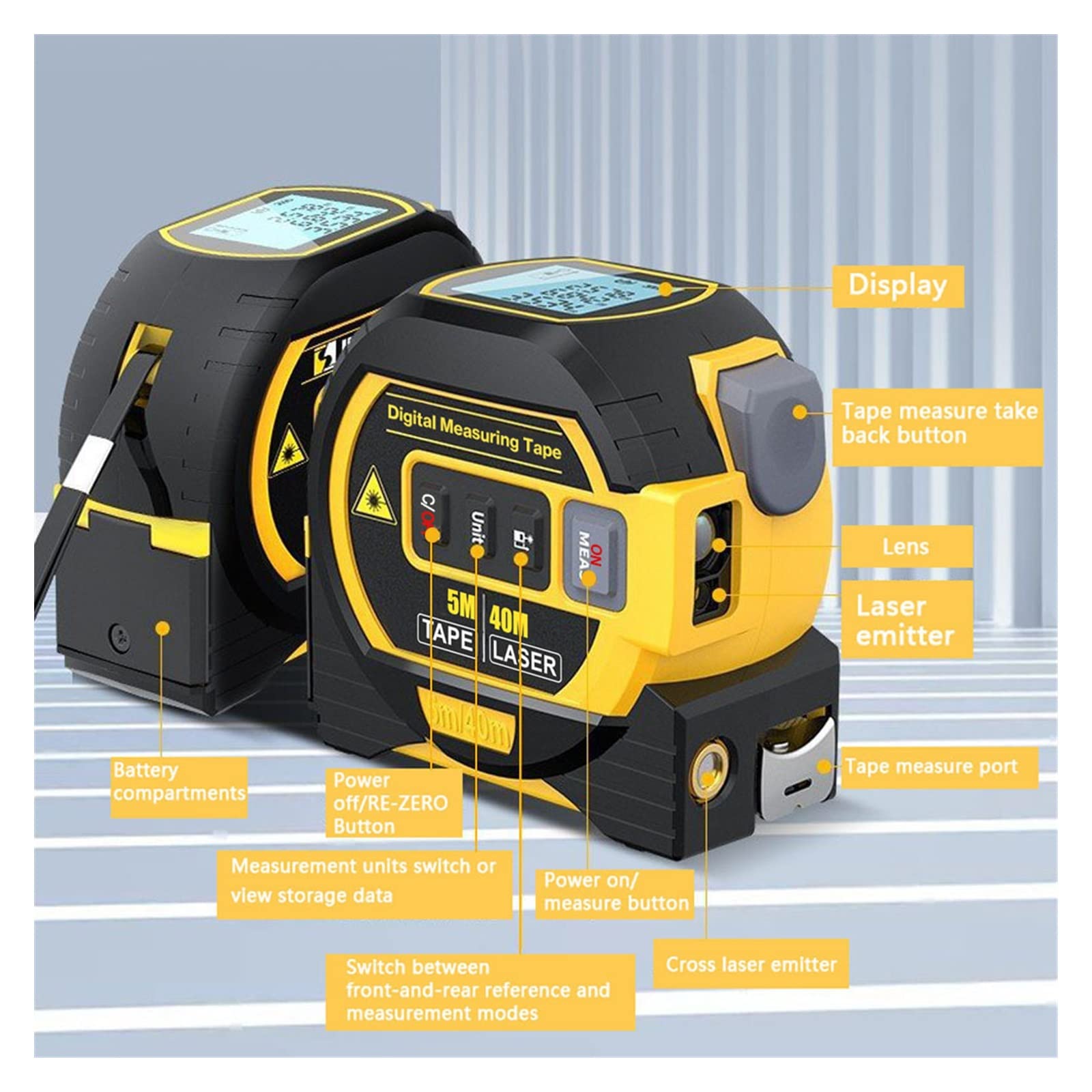 medidor de distancia láser, Telémetro láser 3 en 1 con regla de cinta métrica de 5 m, pantalla LCD con luz de fondo, medidor de distancia láser, dispositivo de medición de construcción Medir distancia