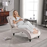Vista 3 de Tumbona para interiores, moderna silla tapizada de terciopelo con botones y patas de madera maciza y almohada lumbar, sofá reclinable individual