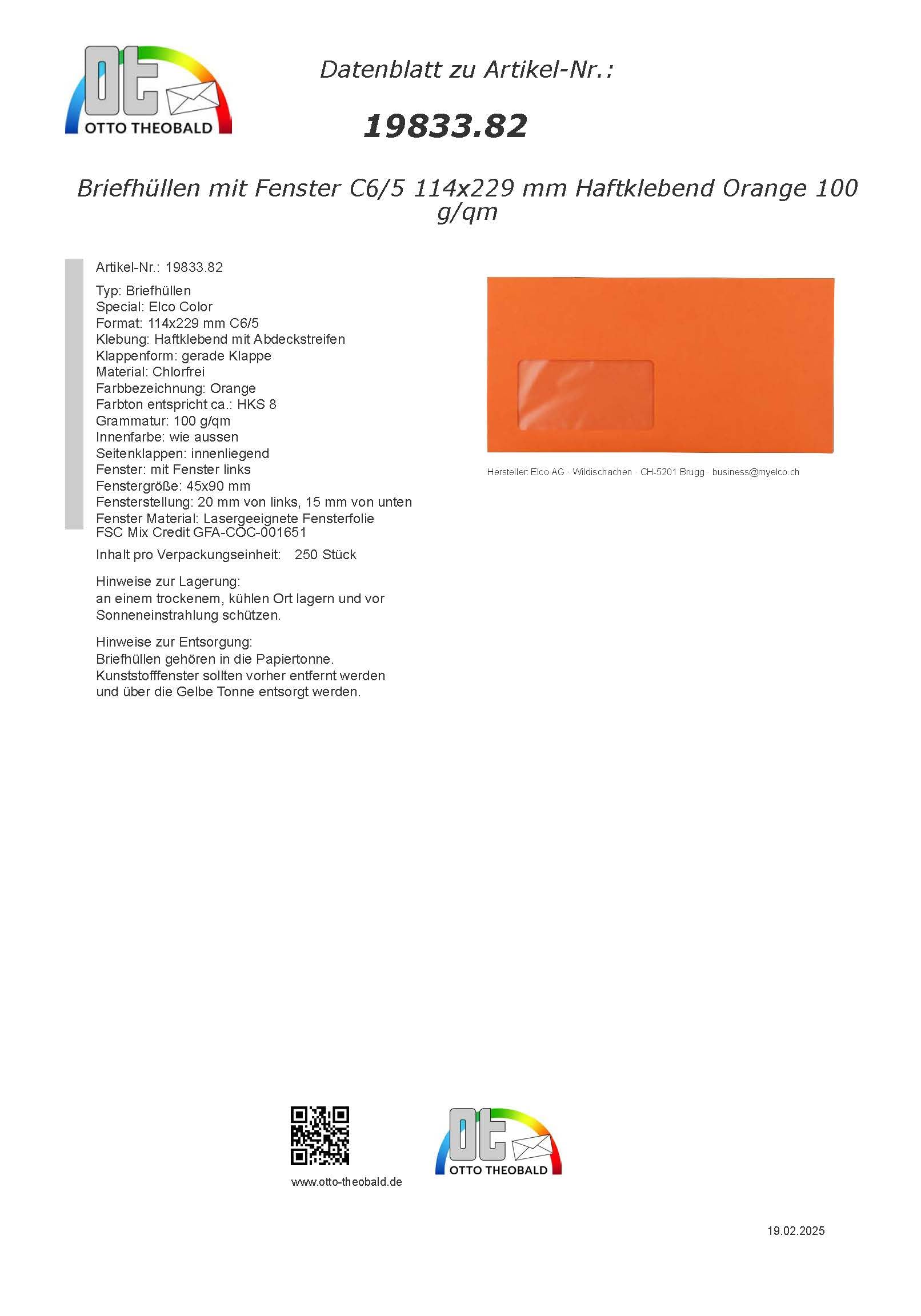 Elco Color Briefumschläge mit Fenster (lasertauglich) / orange / 114 x 229 mm (DL) / mit Abziehstreifen/haftklebend / 250 Stück