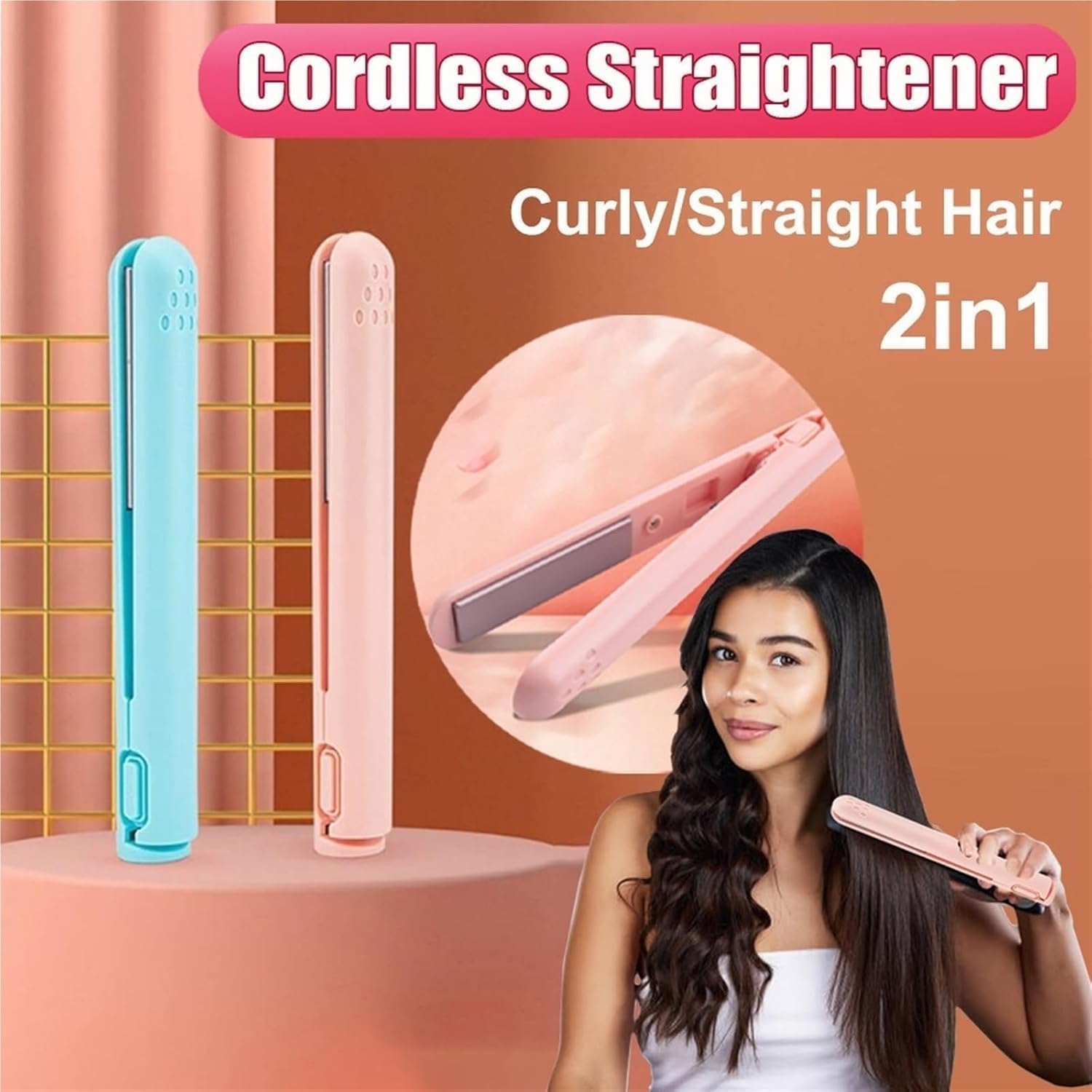 Mini à Friser et Fer Plat, Bigoudis Chauffant Sans Fil, Fer à Boucler Rechargeable USB, Pour Tous Types de Cheveux (Rose)