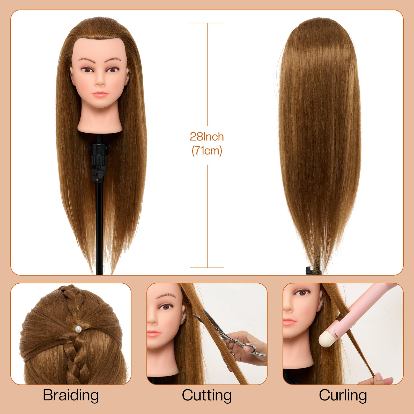 Neverland 71 cm Testa per Parrucchieri con Supporto, 60% Capelli Veri, Morsetto da Tavolo, Accessori (Oro)