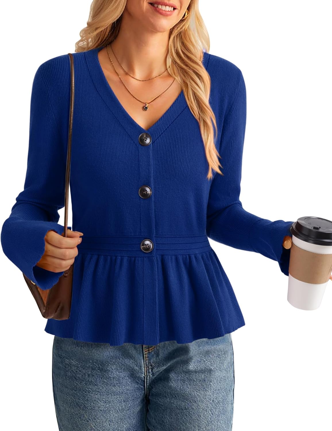 Vivilli Fall Open Front Cardigan Sweaters for Women Trendy Long Sleeve Peplum Tops Knit Button Sweater Casual Outerwear - Image 2