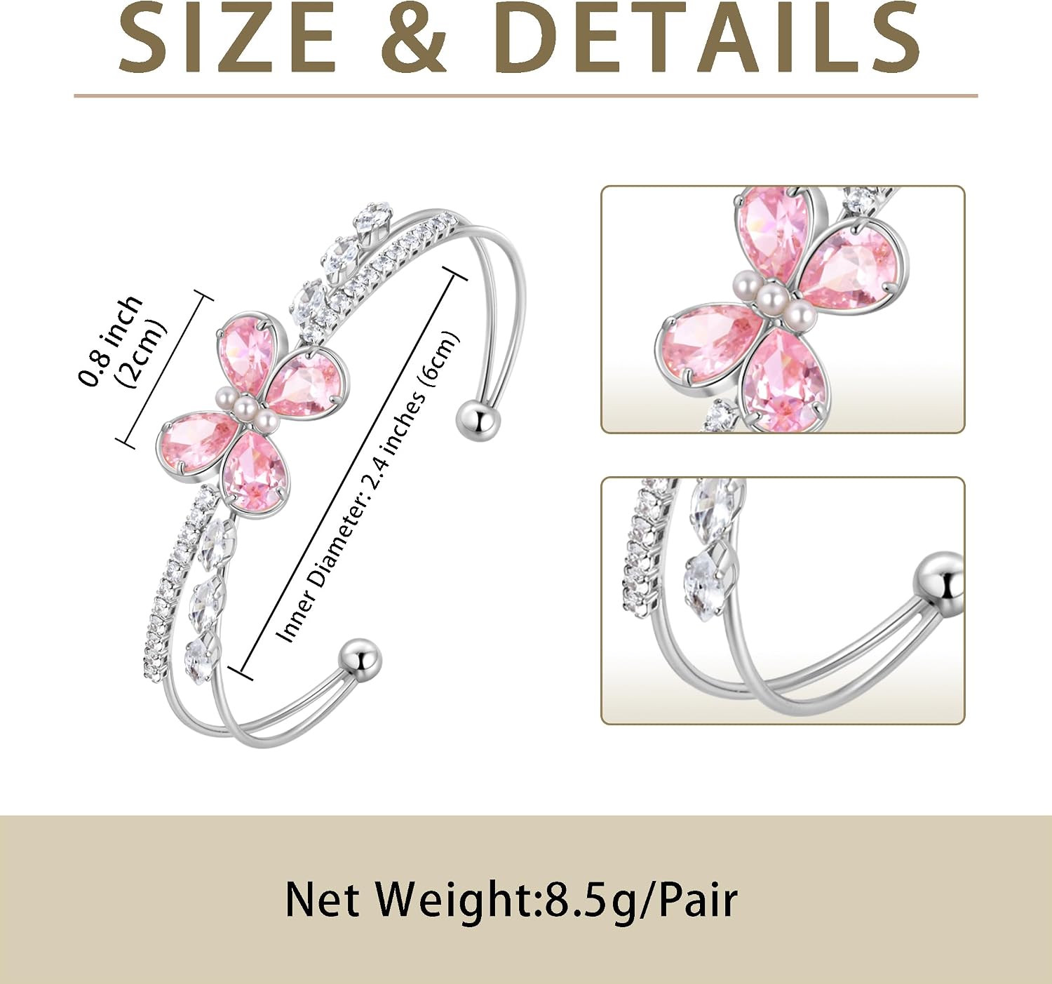 Butterfly Adjustable Bracelet with Pink Birthstone Sillver/18K Gold Plated Open Cuff Bangle Jewelry for Women CB0013