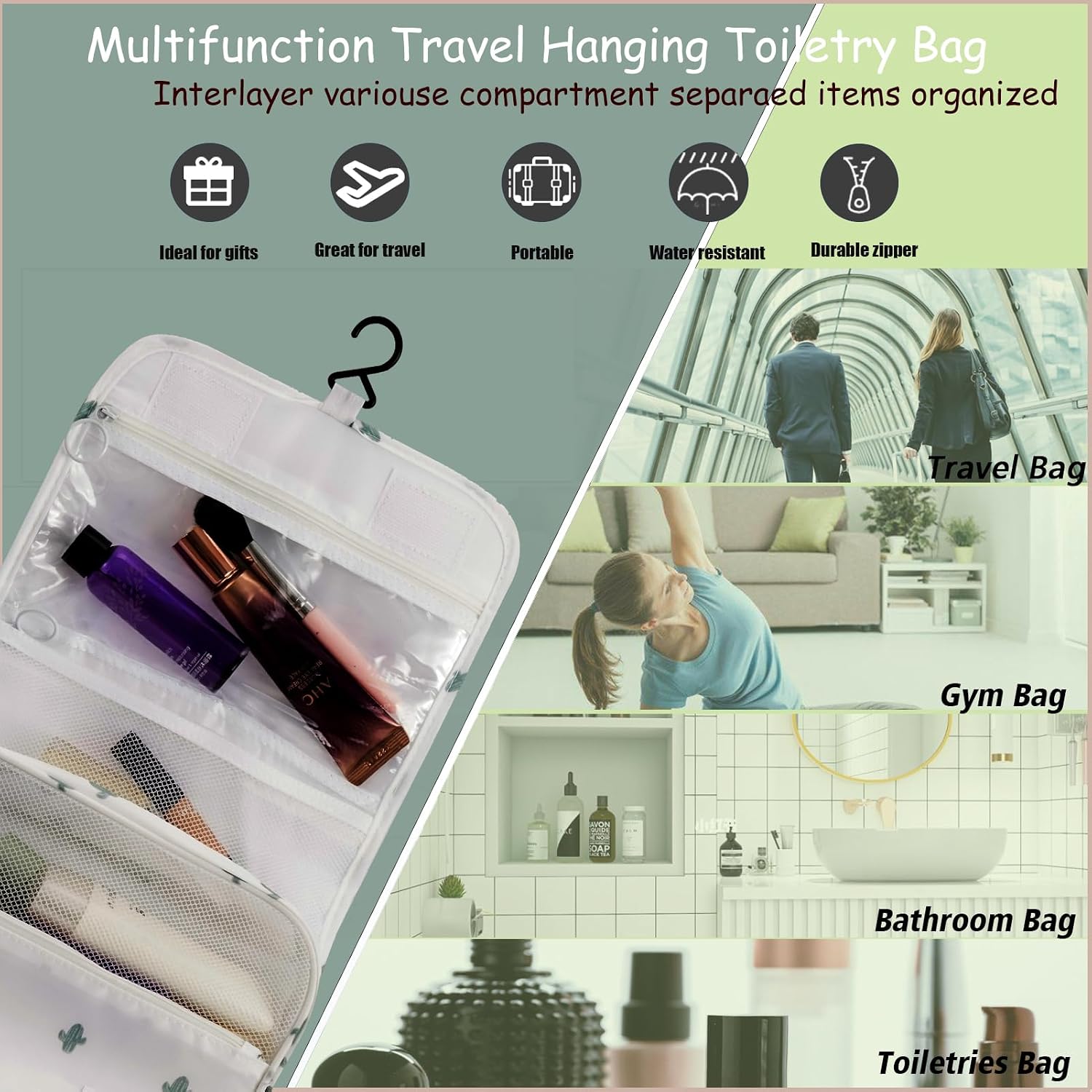 L&FY Hanging Toiletry Bag For Women-Portable Travel Toiletry Bag Water-resistant Makeup Organizer Bag For Cosmetic, Travel Toiletries, Accessories (White With Cactus)
