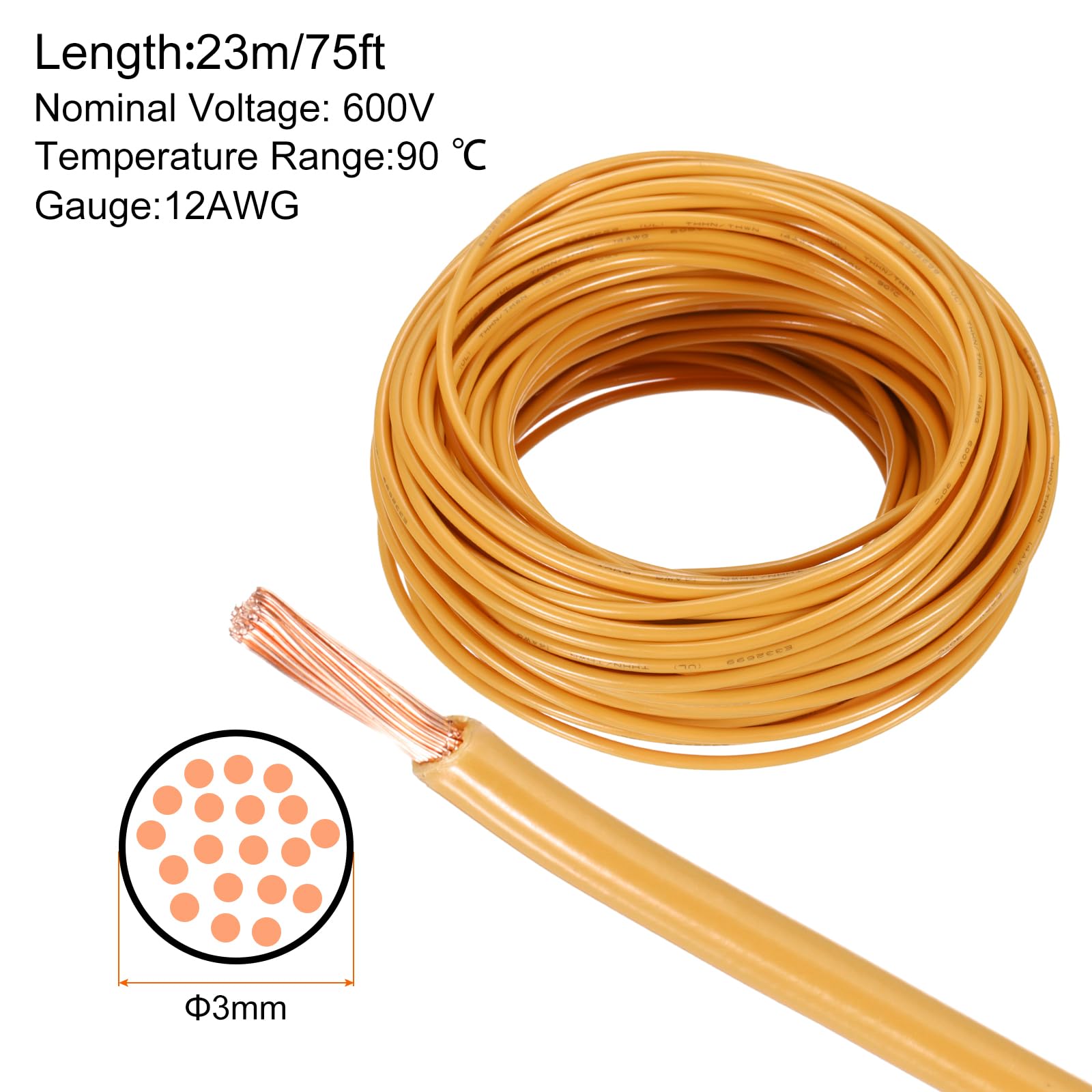 QUARKZMAN Cable Eléctrico Aislado De Cobre Trenzado De 75 Pies 12 AWG Cable De Conexión THHN Cable Residencial Industrial Para Puesta A Tierra Clasificado Para 600 Voltios Listado UL Naranja