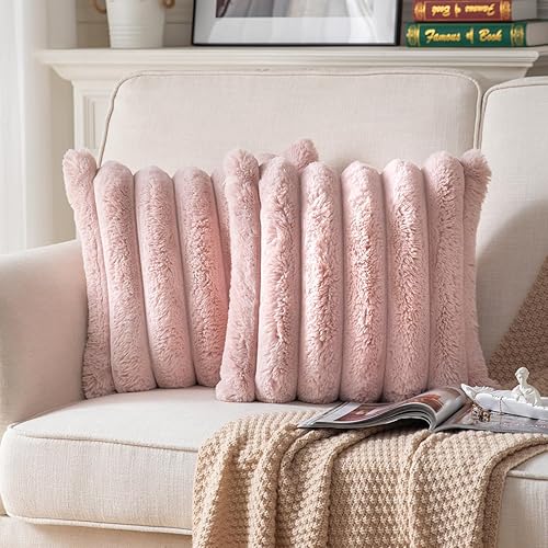 Juego de 2 fundas de almohada de felpa de piel sintética de 16 x 16 pulgadas, fundas de almohada decorativas de lujo, a rayas, suaves y acogedoras