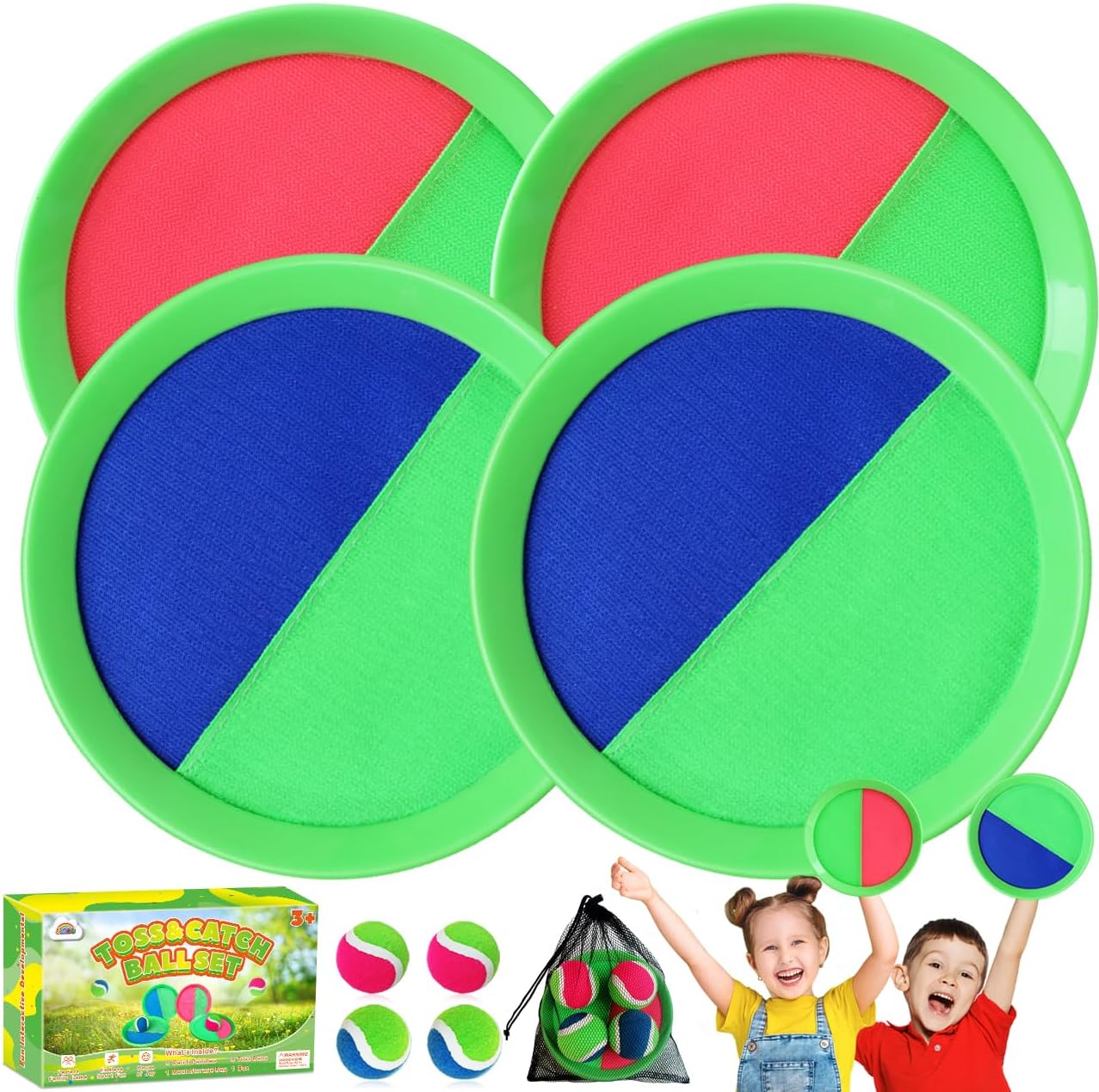 ZMLM Toss Catch Ball Outdoor Games Toys, Garden Games, Playground Equipment for Beach, Backyard, Lawn Activities - Kids Ages 3-12 Birthday Gifts with 4 Sticky Paddles & 4 Throw Balls (Red)