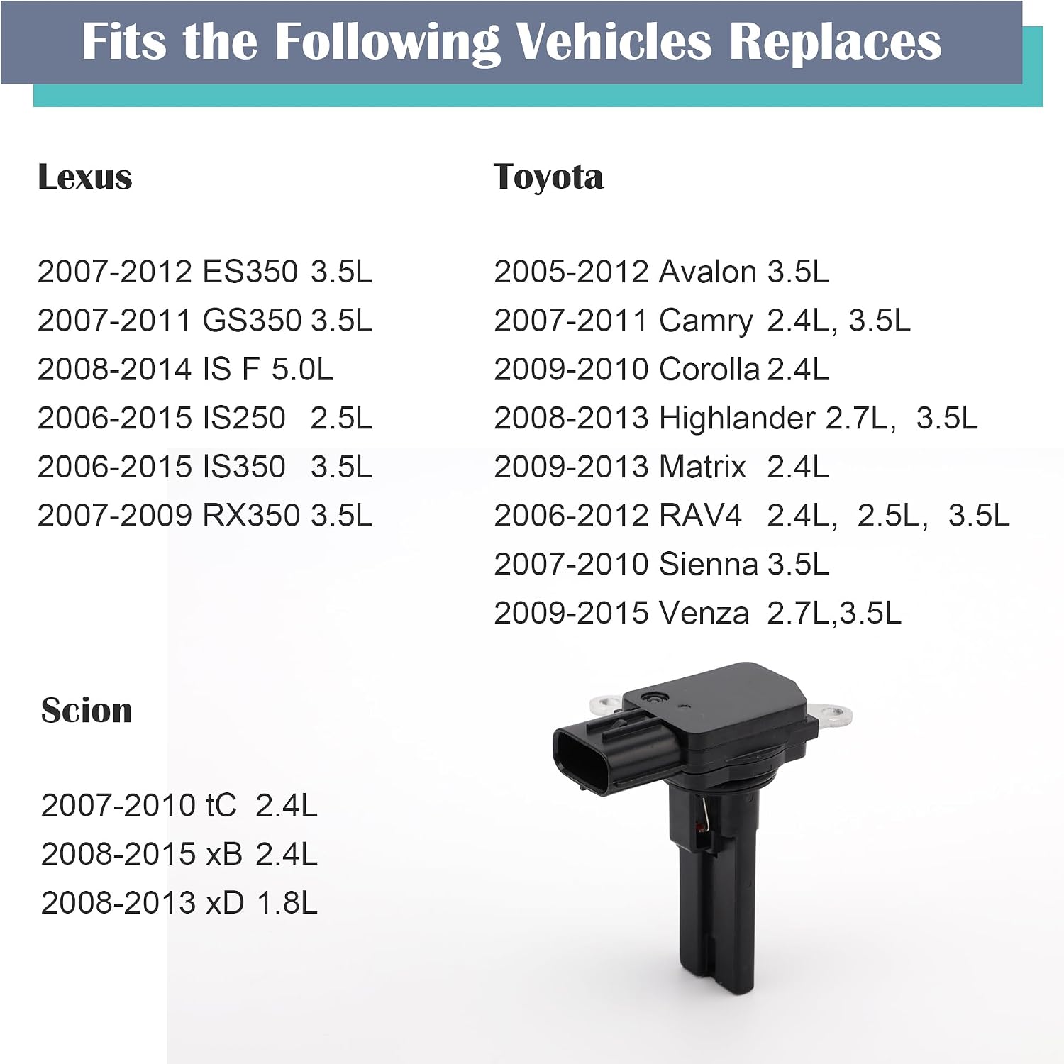 Mass Air Flow Sensor MAF Meter Compatible with Toyota Corolla Camry RAV4 Highlander Sienna & Lexus ES350 IS250 IS350 RX350, Replace 22204-31020 22204-31010 22204-0H010
