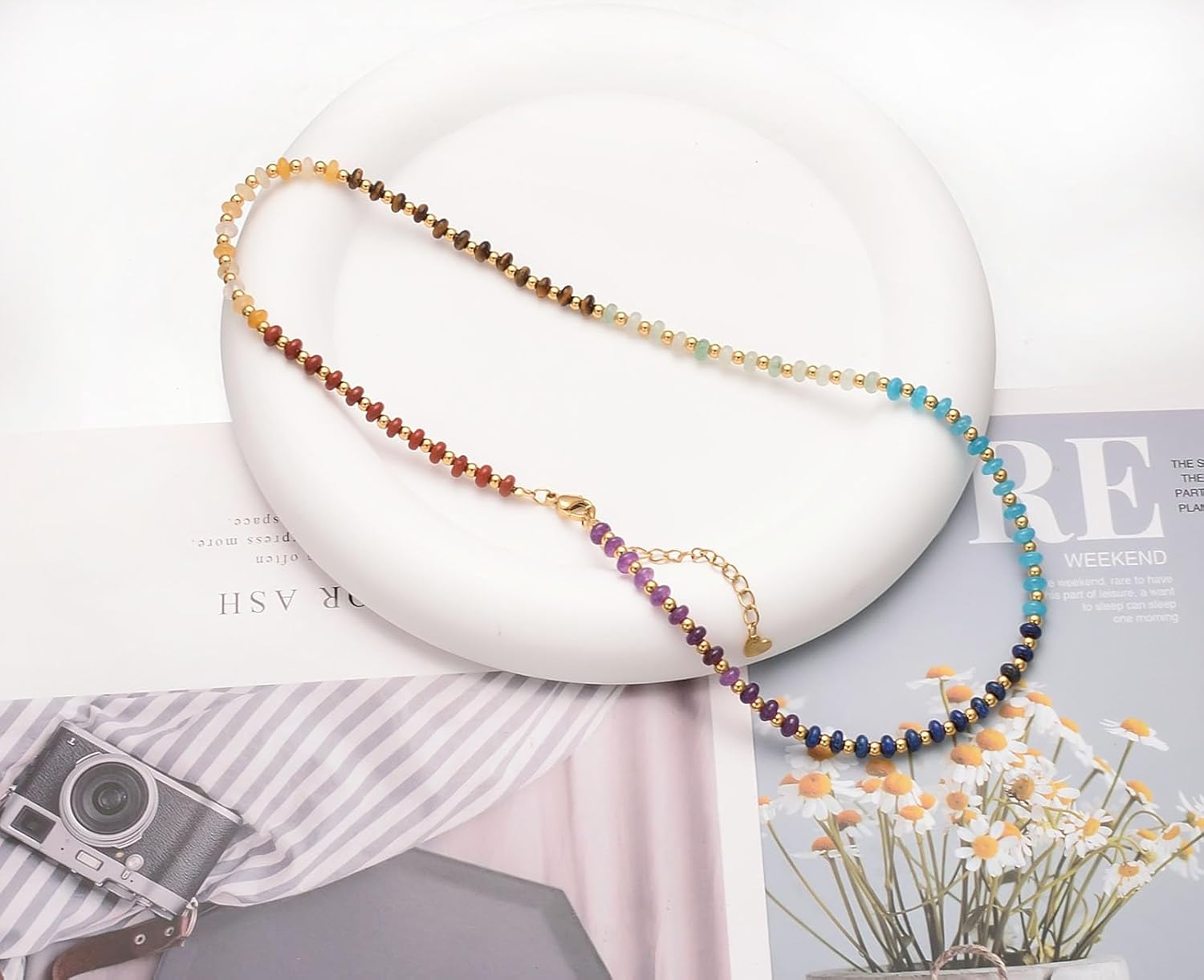 Aleasha Gemstone Beaded Choker Spinel Lapis Lazuli Amethyst Turquoise 14" Necklace for Women Gold Stainless Steel Handmade Strand Boho Jewelry - Image 8