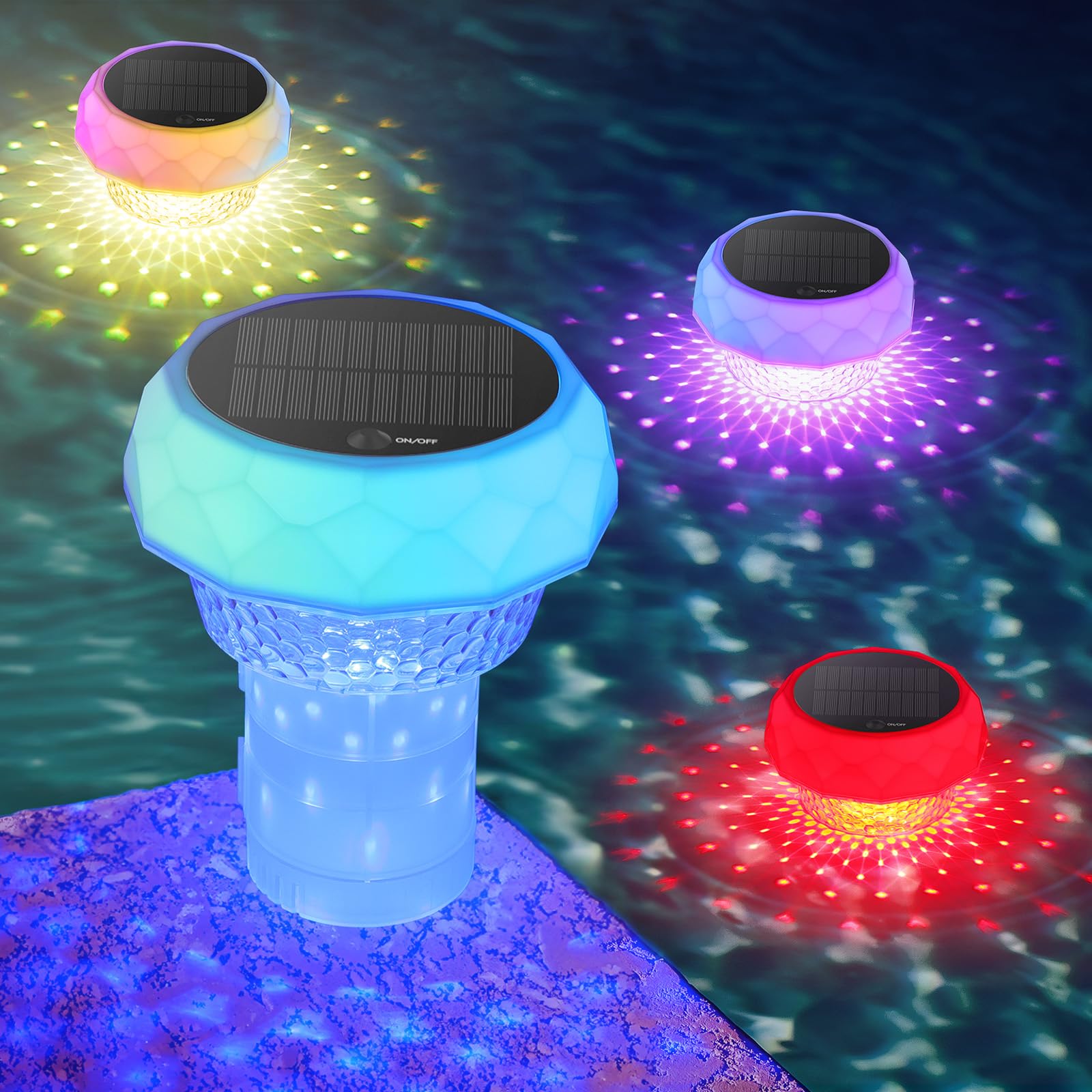 Luz para Piscina, Luz Solar Piscinas con RGB Cambio de Color, Mando a RF Distancia con Contenedor Limpieza, Luces Piscina para Decoración de Jardín y Piscinas