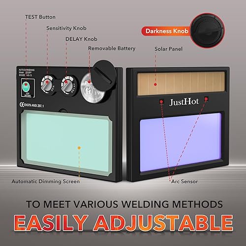 Miniatura 7 de JustHot Casco de soldadura, color verdadero, con batería solar, oscurecimiento automático, capucha de soldadura cómoda, claridad óptica superior con