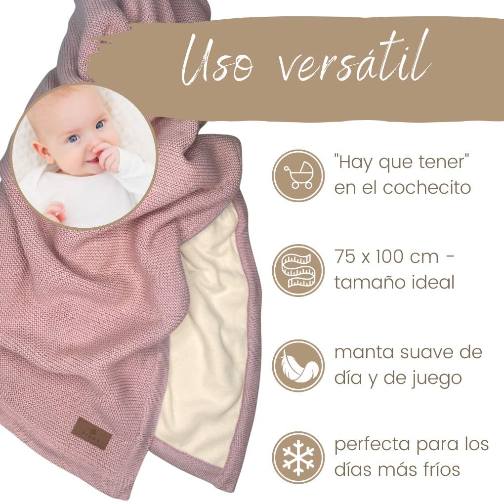 DIKOS® Manta Invierno Rosa Antiguo | Algodón/Terciopelo Certificada Oeko-Tex | Para Cochecito Con Bordura | Arrullo Bebé Recién Nacido Regalo Nacimiento
