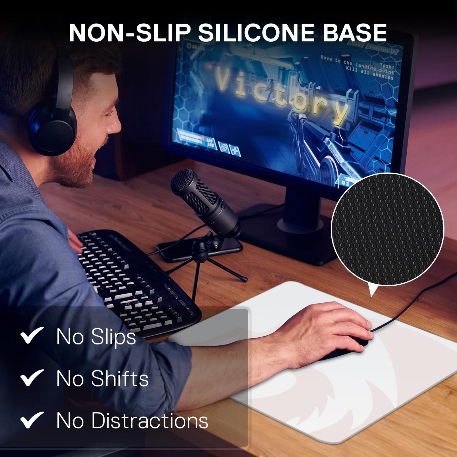 Redragon PG1M Tappetino per mouse in vetro, superficie di precisione ultra liscia con base antiscivolo, facile da pulire, tappetino per mouse rigido per gaming, 330 x 330 x 3,7 mm, bianco