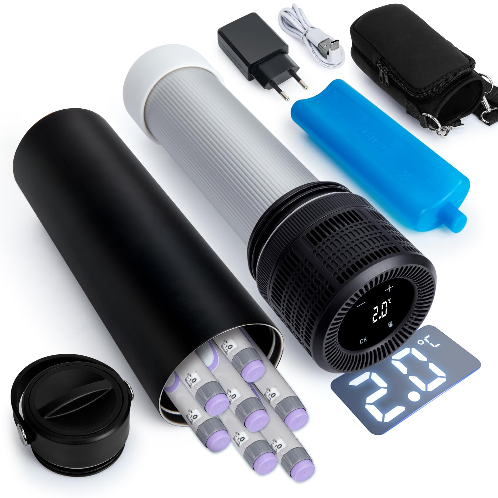 YOUSHARES Pochette Isotherme Insuline, Mini Réfrigérateur Insuline Bouteille Réfrigérée Stylo d'Insuline Voyage 2-8℃ Affichage la Température, Boîte Glacière Électrique USB Transport Médicament, Noir