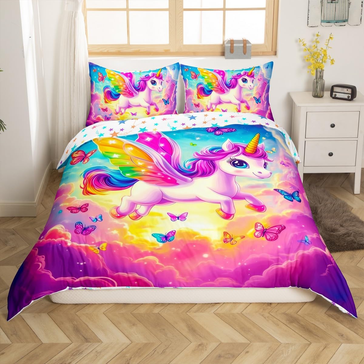 jejeloiu Girls Unicorn Bedding Set for Kids Pink Dreamy Horse Comforter Cover Toddler Size Butterfly Duvet Cover Bedroom Decor Colorful Rainbow Bedspread Bedding Collection 2Pcs