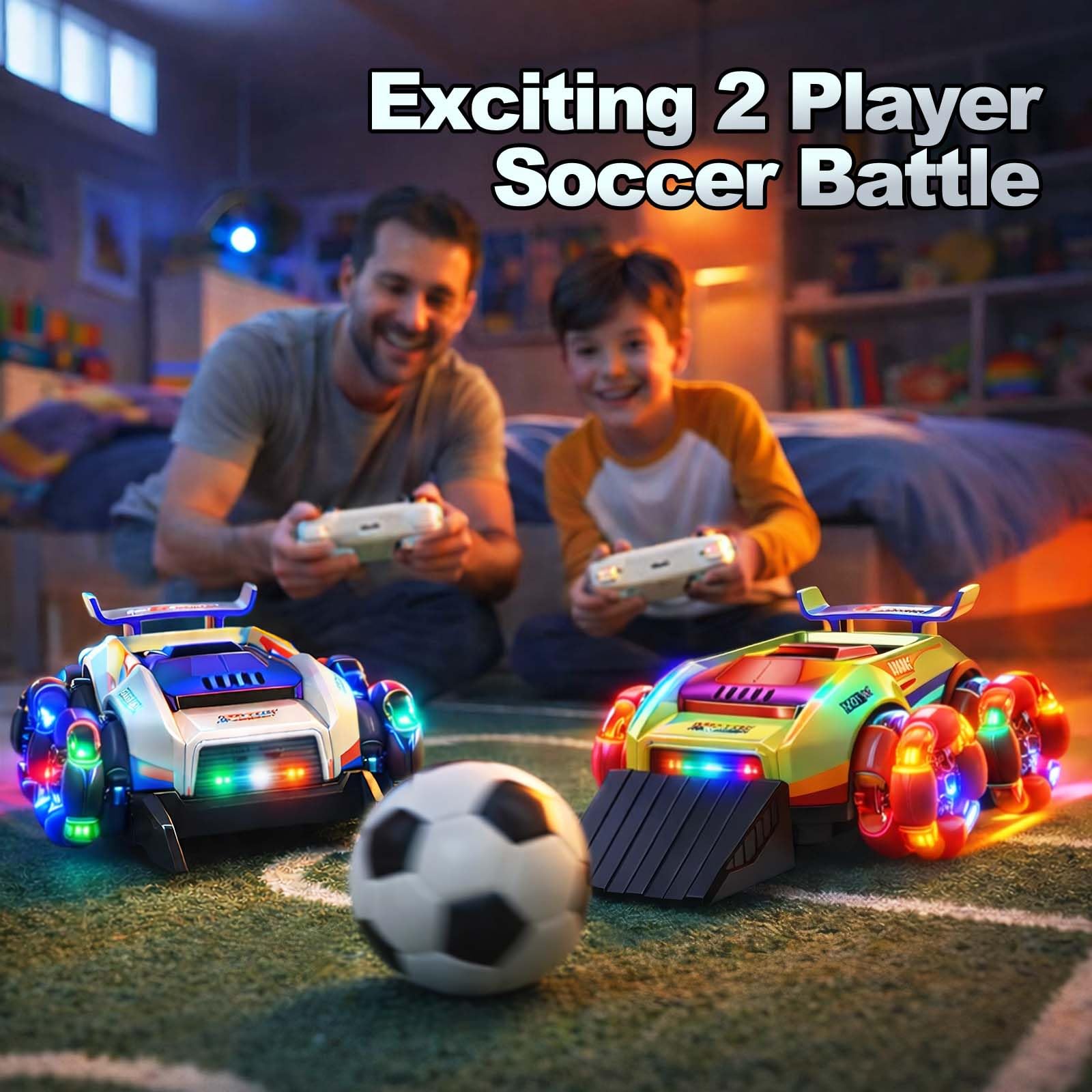 YESHIN 2 Coches de fútbol teledirigidos RC 2.4 GHz, Coches con luz LED y rotación 360°, Juego de fútbol con portería y Pelota, Juguete para niños 6+ años