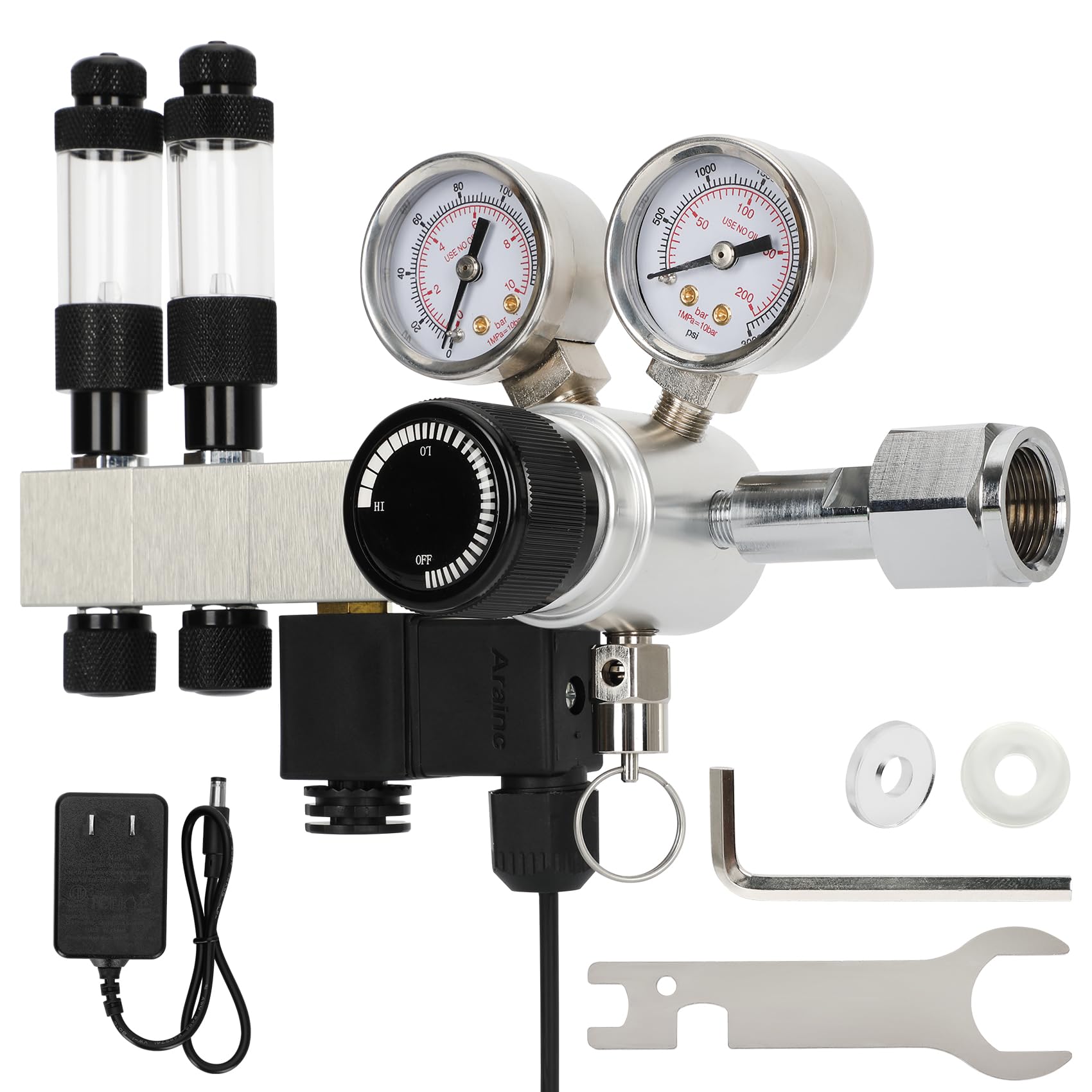 Dmzosmd CO2 Regulator Aquarium, Dual Stage Aquarium CO2 Regulator, Adjustable Pressure & Flow, with Expandable Manifold, High-Precision Needle Valve, DC Solenoid Valve, for CO2 System for Aquarium