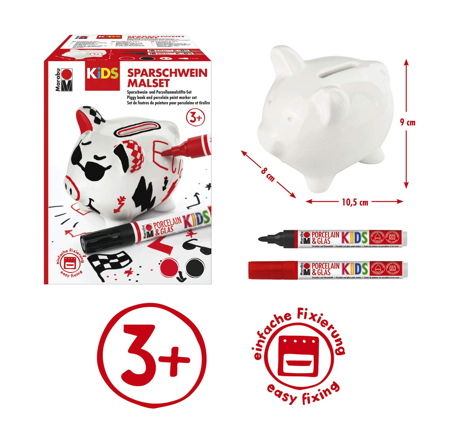 Marabu 0125000000100 – KiDS Painter, zestaw do malowania i malowania skarbonki, zabawna świnka porcelanowa do malowania i ozdabiania pisakami porcelanowymi dla dzieci