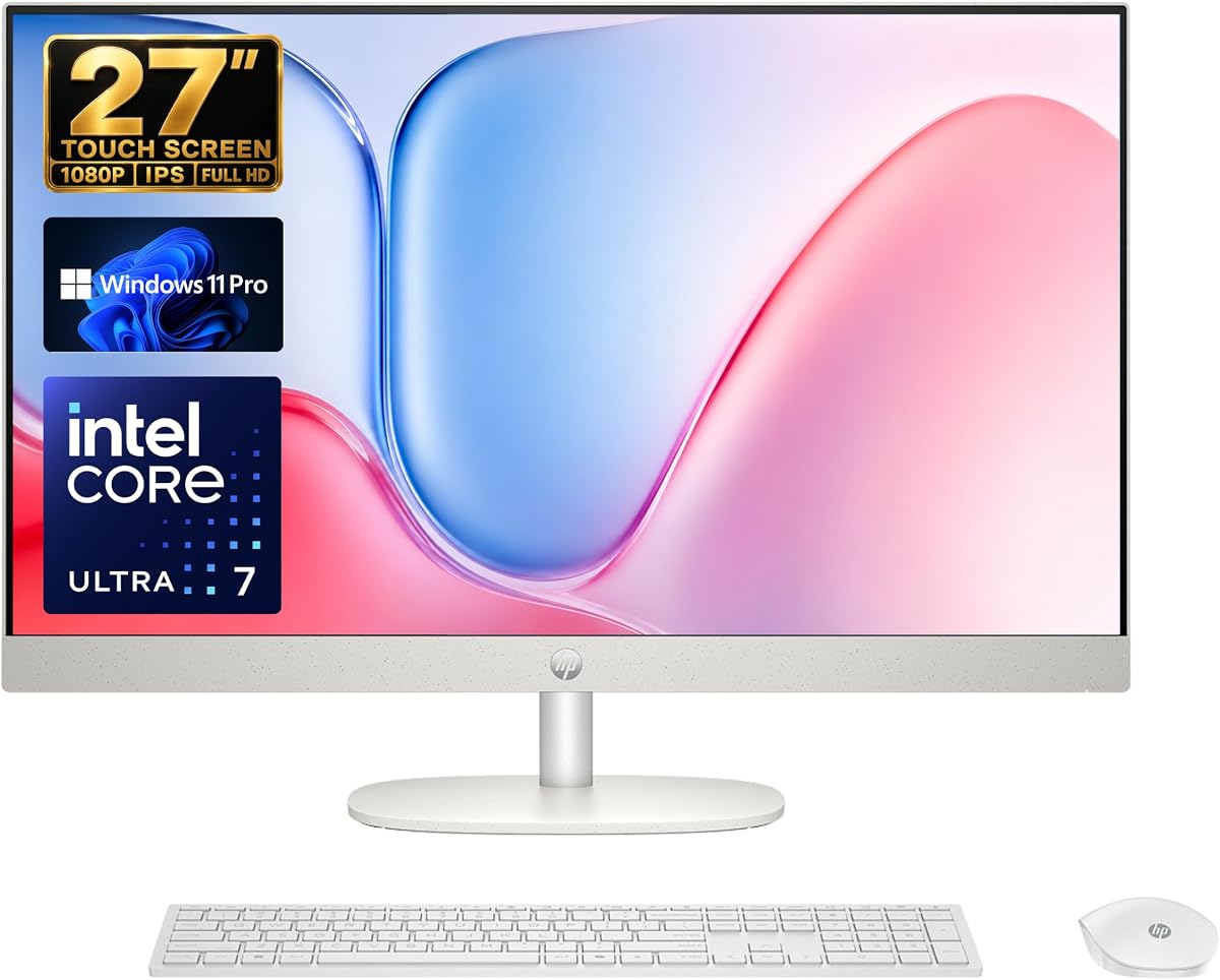 HP 27” All in One FHD Touch-Screen AI Business Desktop Computer, Intel Core Ultra 7 12-Core Processor, 16GB DDR5, 512GB PCIe SSD, Adjustable Height, Wireless KB & Mouse, USB-C, Windows 11 Pro, White