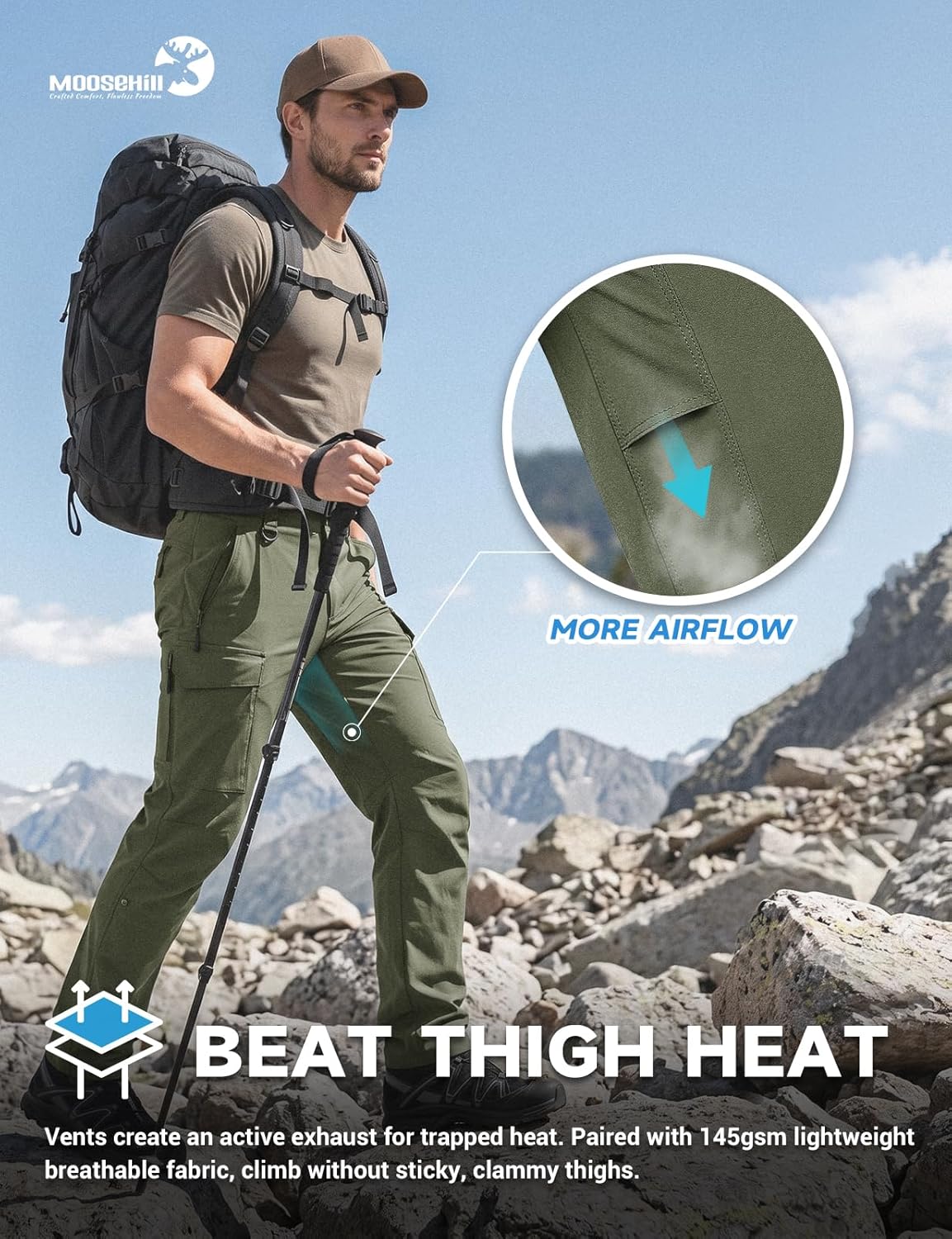 Moosehill Men's Hiking Pants Lightweight: Breathable Quick Dry Water Resistant 4-Way Stretch - 6 Deep Pockets for Hot Weather