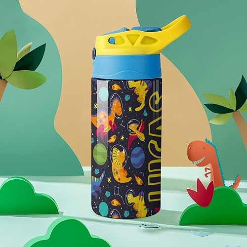 Miniatura 7 de Artsadd Botella de agua personalizada de dinosaurio para niños, botella de agua con nombre personalizado con pajita, regalo personalizado para niños