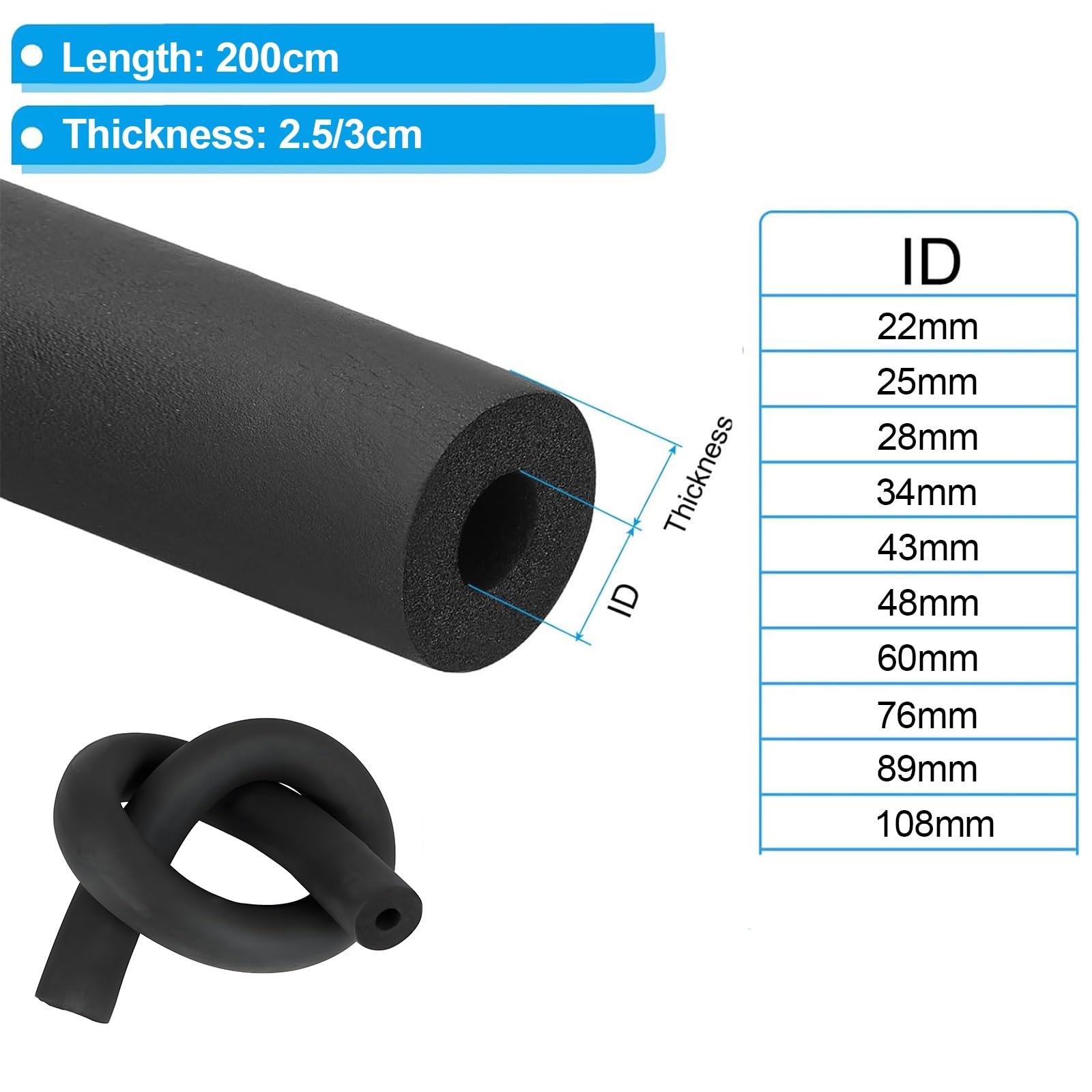 Rohrisolierung aus Schaumstoff Schwarz Wasserrohrisolierung Zum Einwickeln Winterfrostschutz Flexibler Rohrschutz für Sanitär Hlk und Außenrohre(43mm,2.5cm)